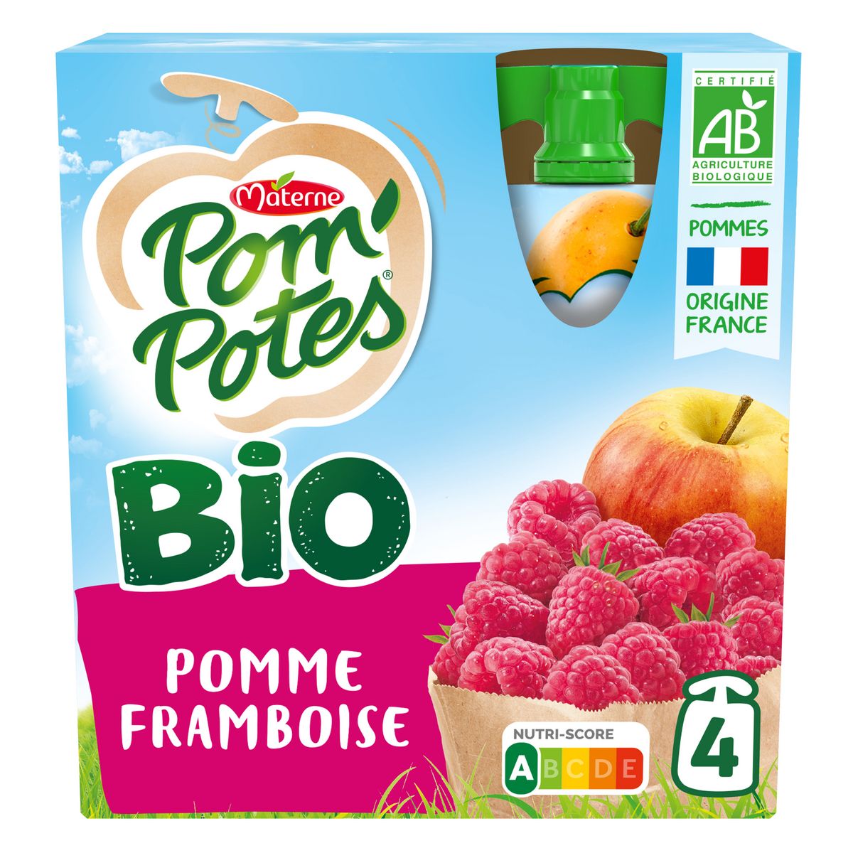 POM'POTES Gourdes pomme framboise bio sans sucres ajoutés 4x90g