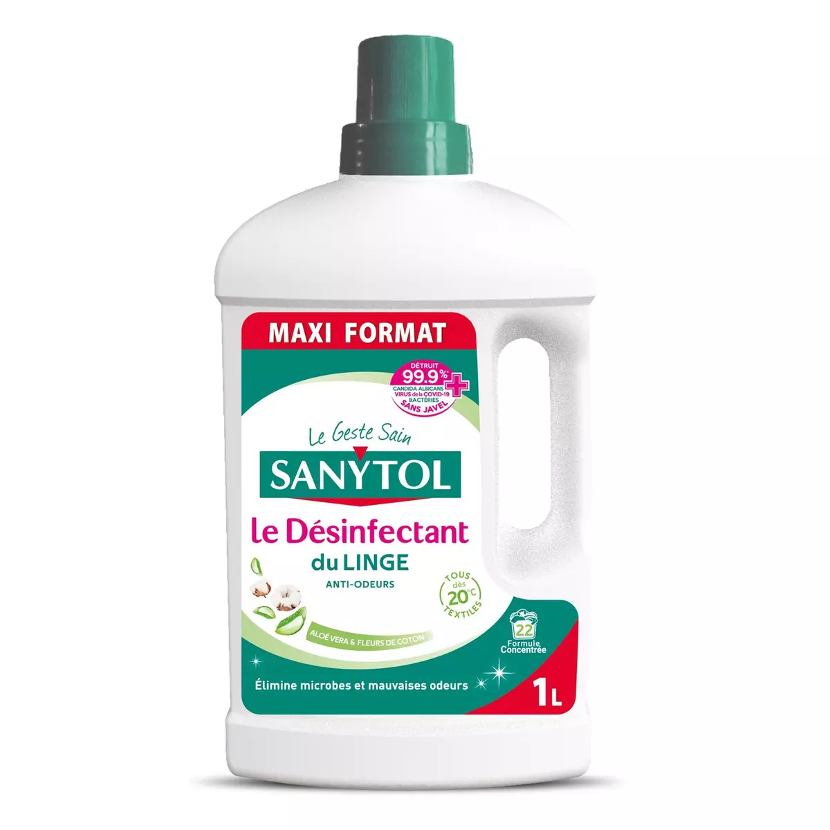 SANYTOL Désinfectant du linge anti-odeurs aloé vera et fleurs de coton Maxi format 1l