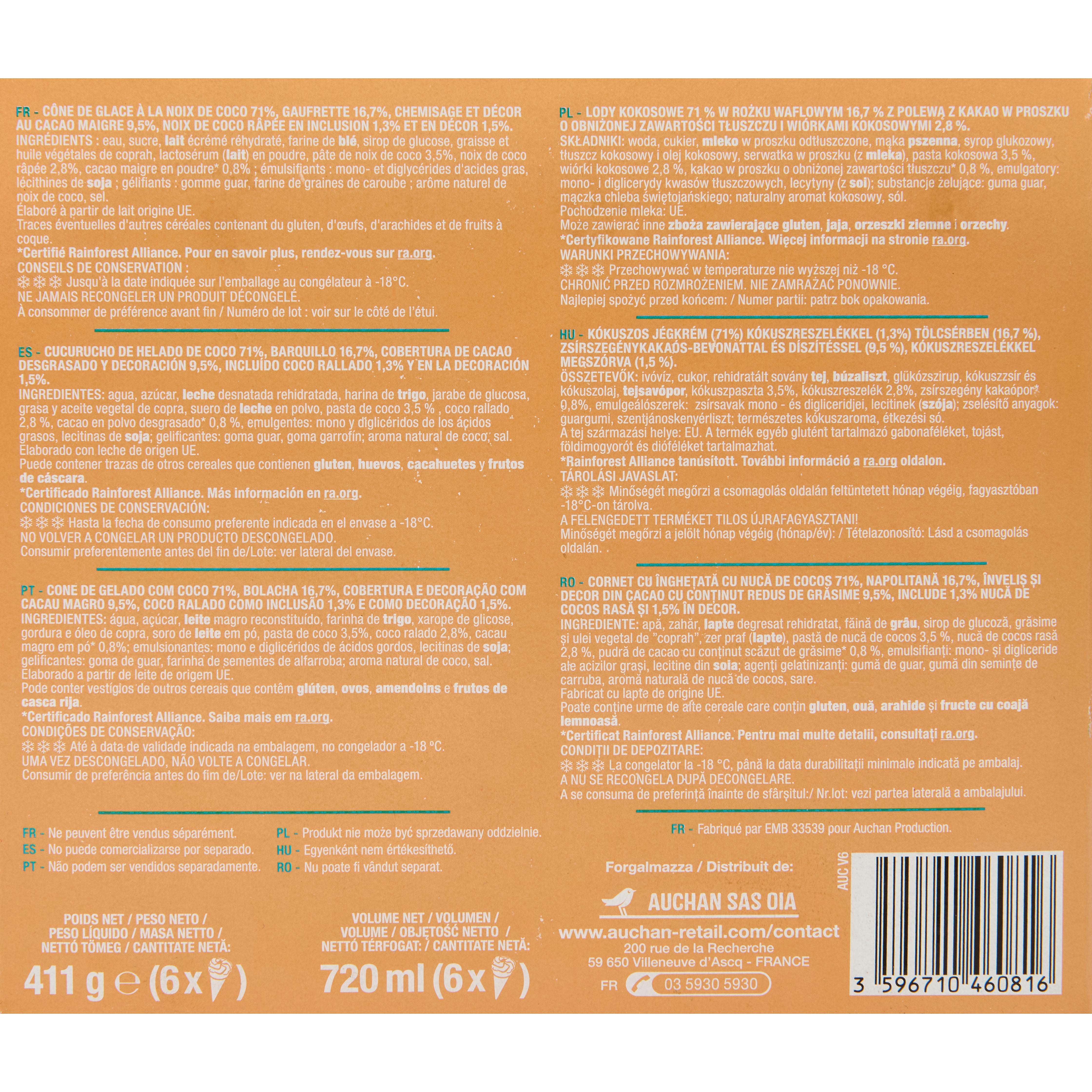 Voir la diapositive 3 : AUCHAN Cônes glacés à la noix de coco 6 pièces 411g