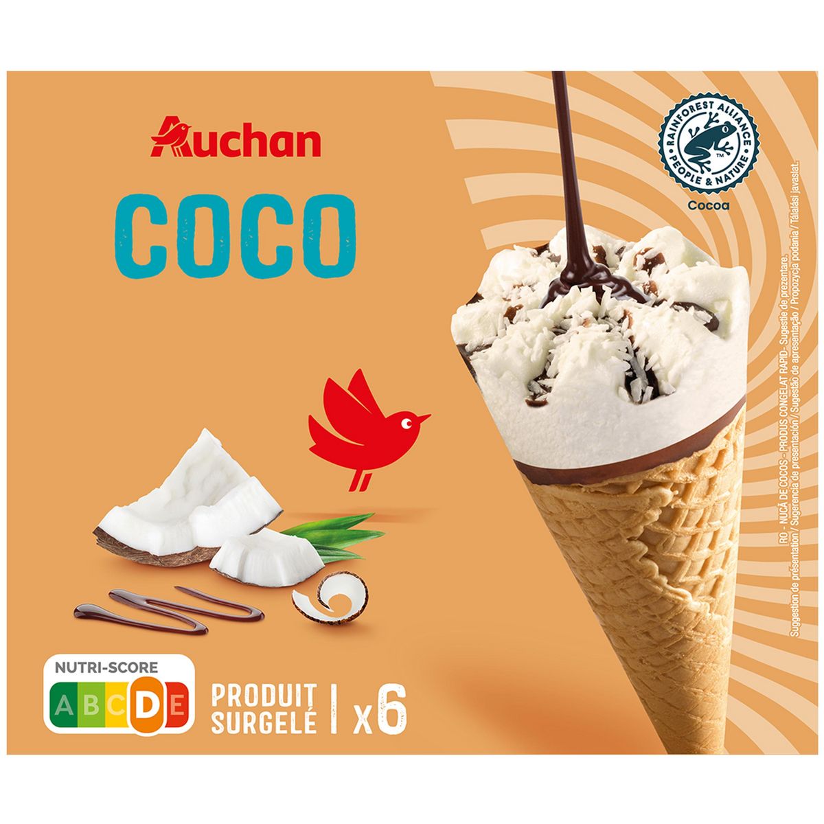 AUCHAN Cônes glacés à la noix de coco 6 pièces 411g