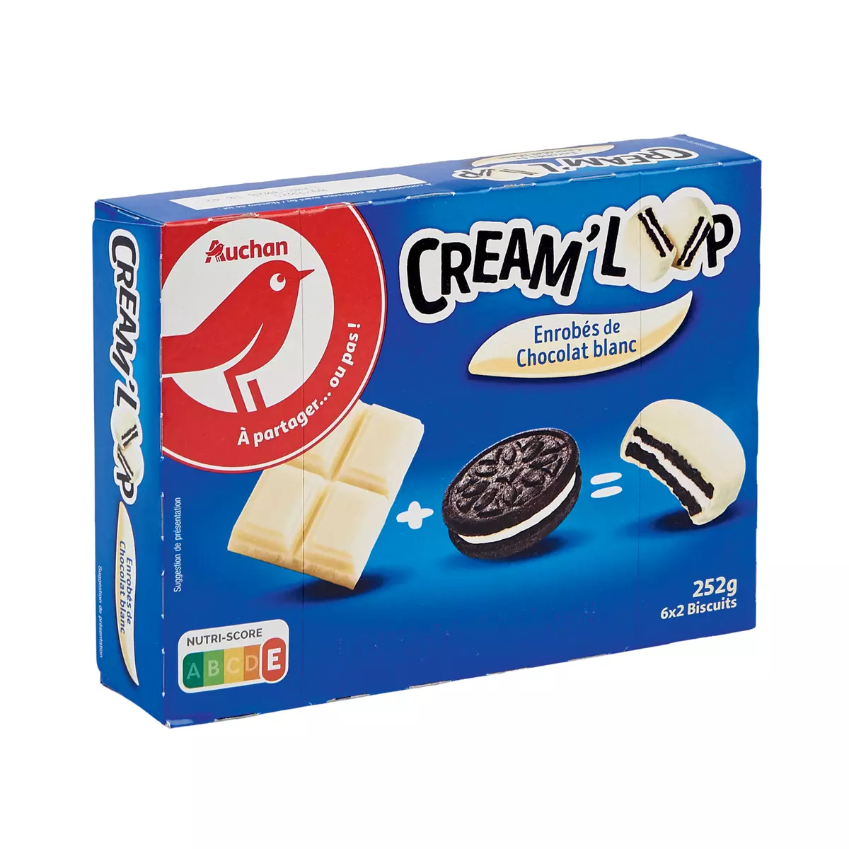 AUCHAN Cream loop biscuits fourrés enrobés de chocolat blanc sachets fraîcheur 6x2 biscuits 252g