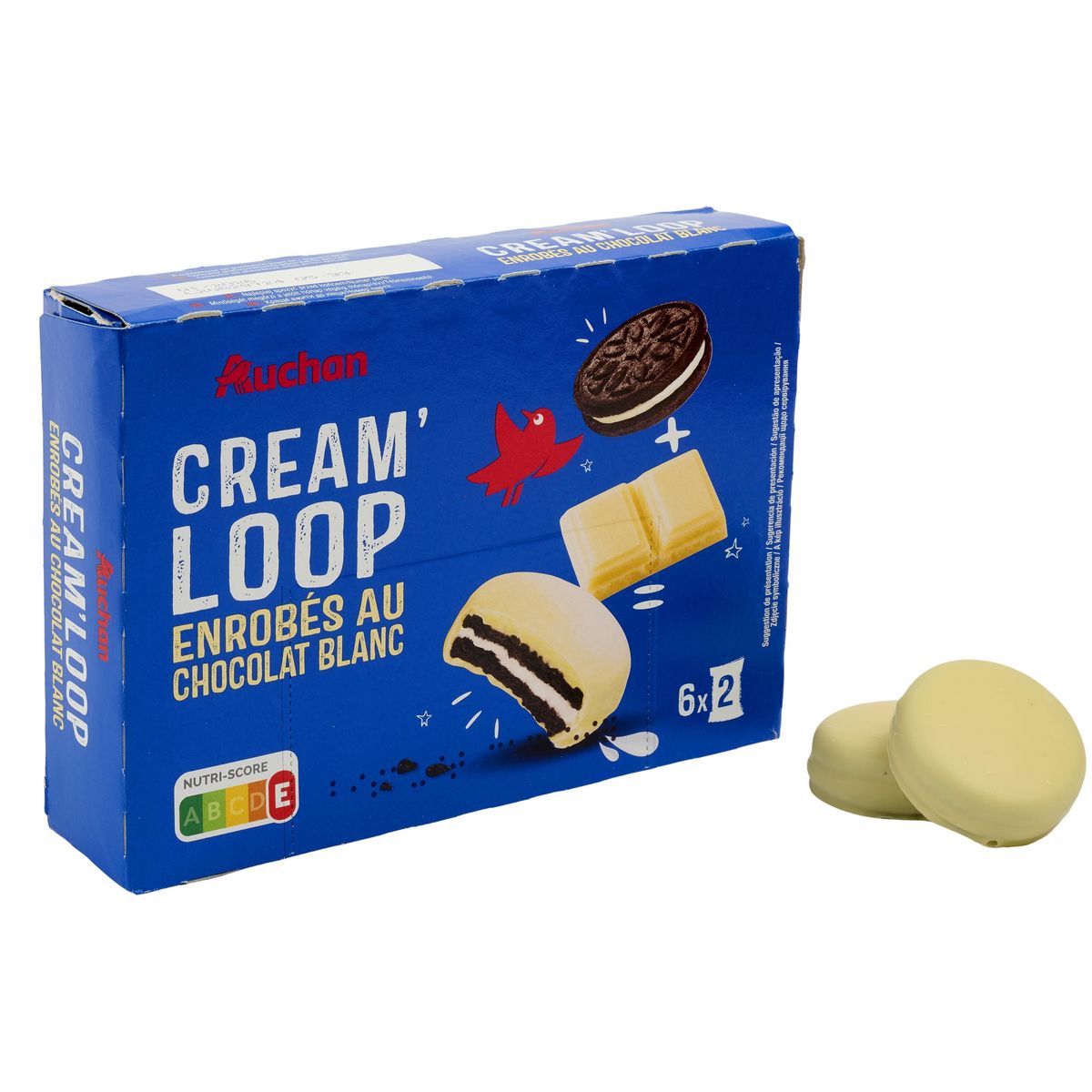 AUCHAN Cream Loop Biscuits fourrés enrobés de chocolat blanc sachets fraîcheur 6x2 biscuits 252g