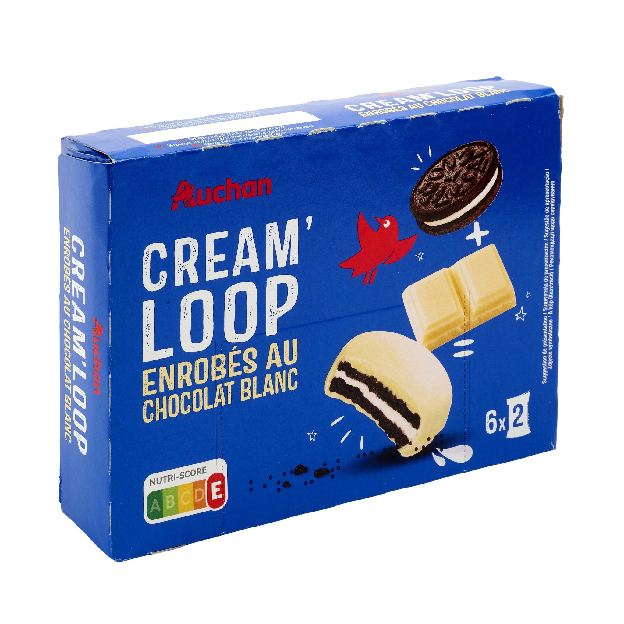 Voir la diapositive 2 : AUCHAN Cream Loop Biscuits fourrés enrobés de chocolat blanc sachets fraîcheur 6x2 biscuits 252g