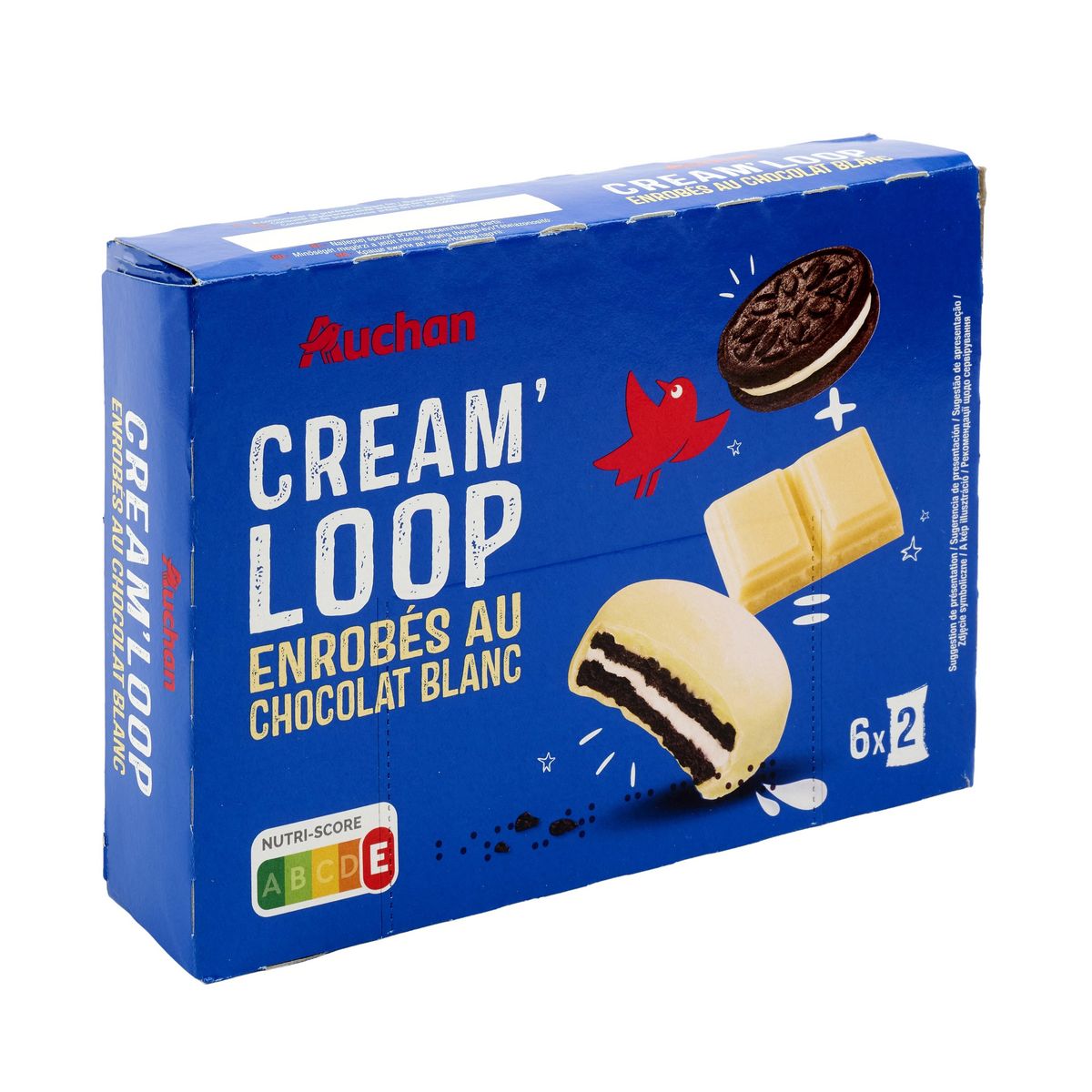 AUCHAN Cream Loop Biscuits fourrés enrobés de chocolat blanc sachets fraîcheur 6x2 biscuits 252g