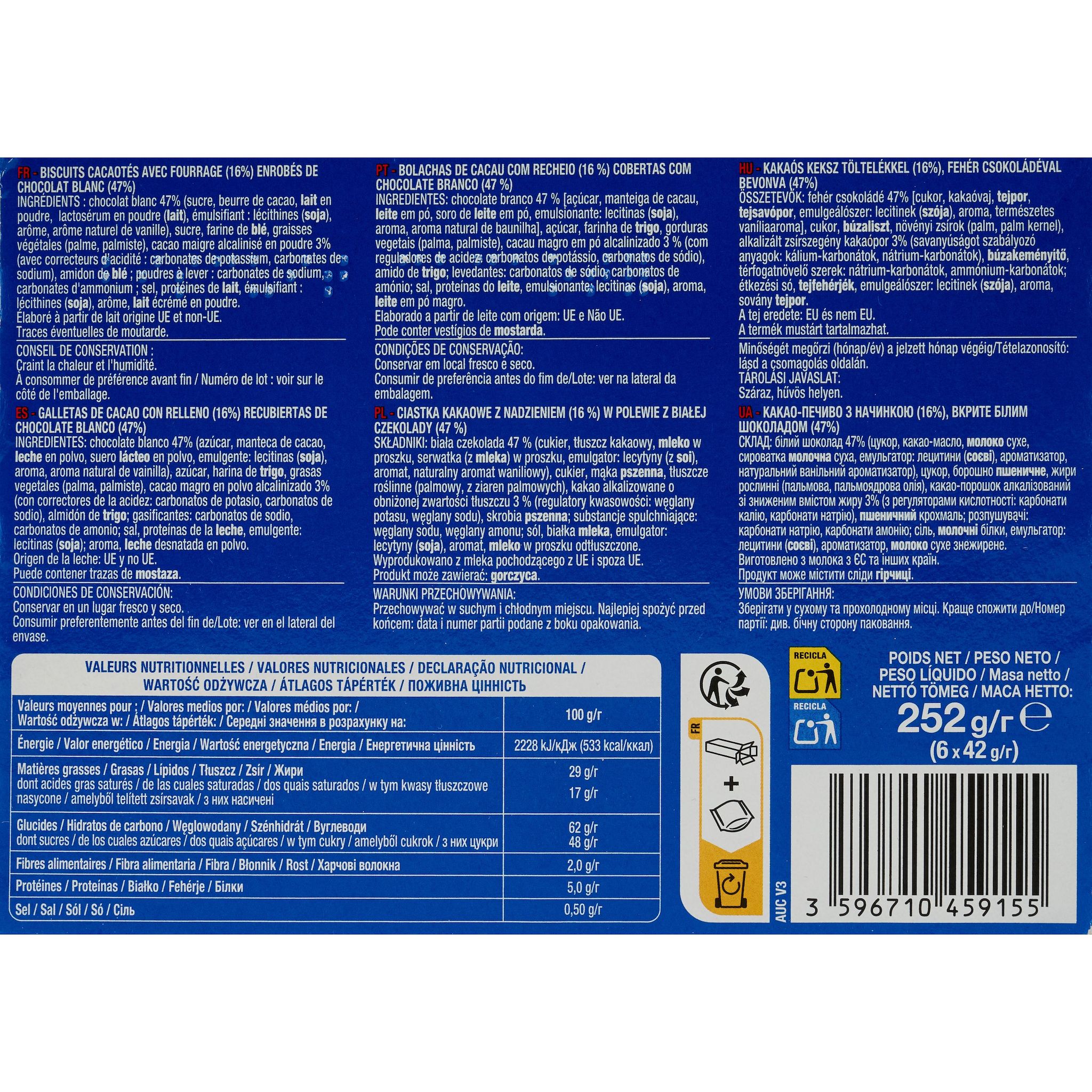 Voir la diapositive 3 : AUCHAN Cream Loop Biscuits fourrés enrobés de chocolat blanc sachets fraîcheur 6x2 biscuits 252g