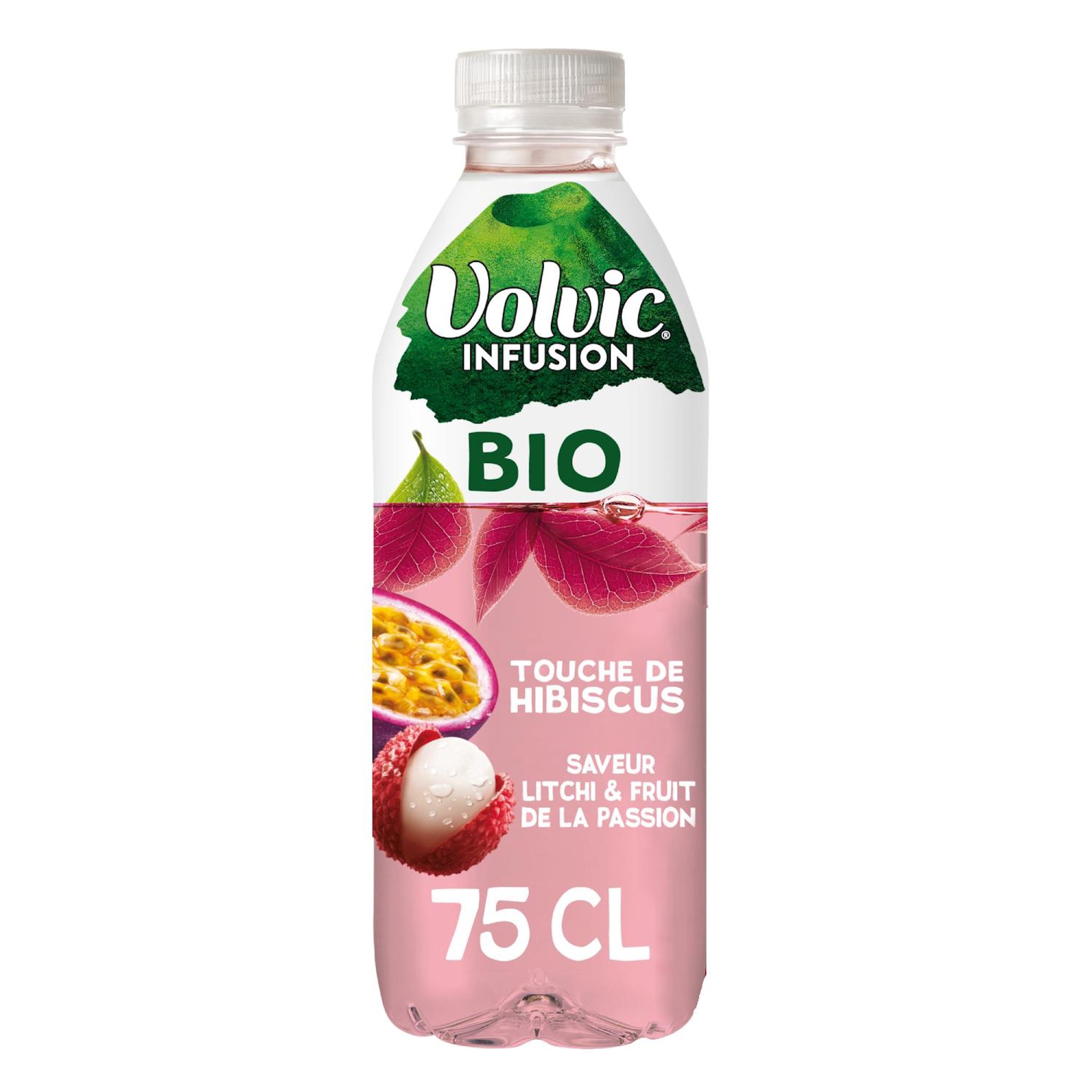 Voir la diapositive 2 : VOLVIC INFUSION BIO Eau plate infusée hibiscus litchi passion 75cl