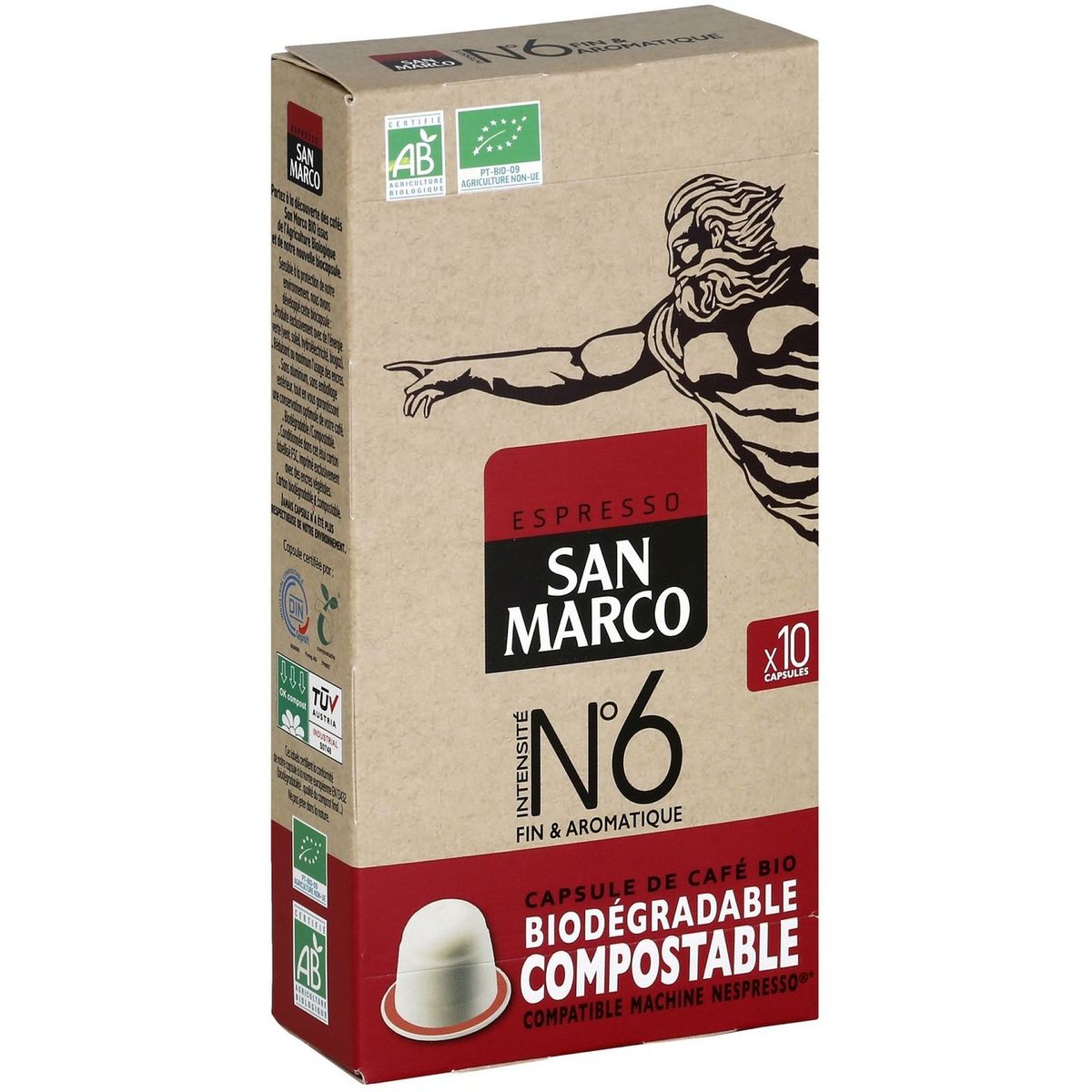 SAN MARCO Café bio n°6 en capsule biodégradable compatible Nespresso 10 capsules 51g