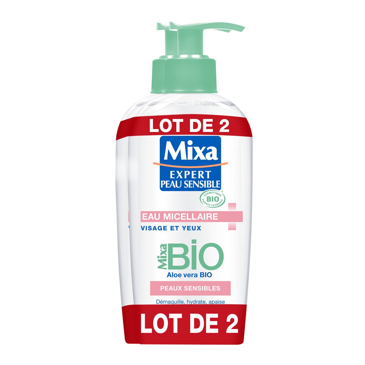 MIXA BIO Eau micellaire visage et yeux à l'aloe vera bio peaux sensibles 2x200ml