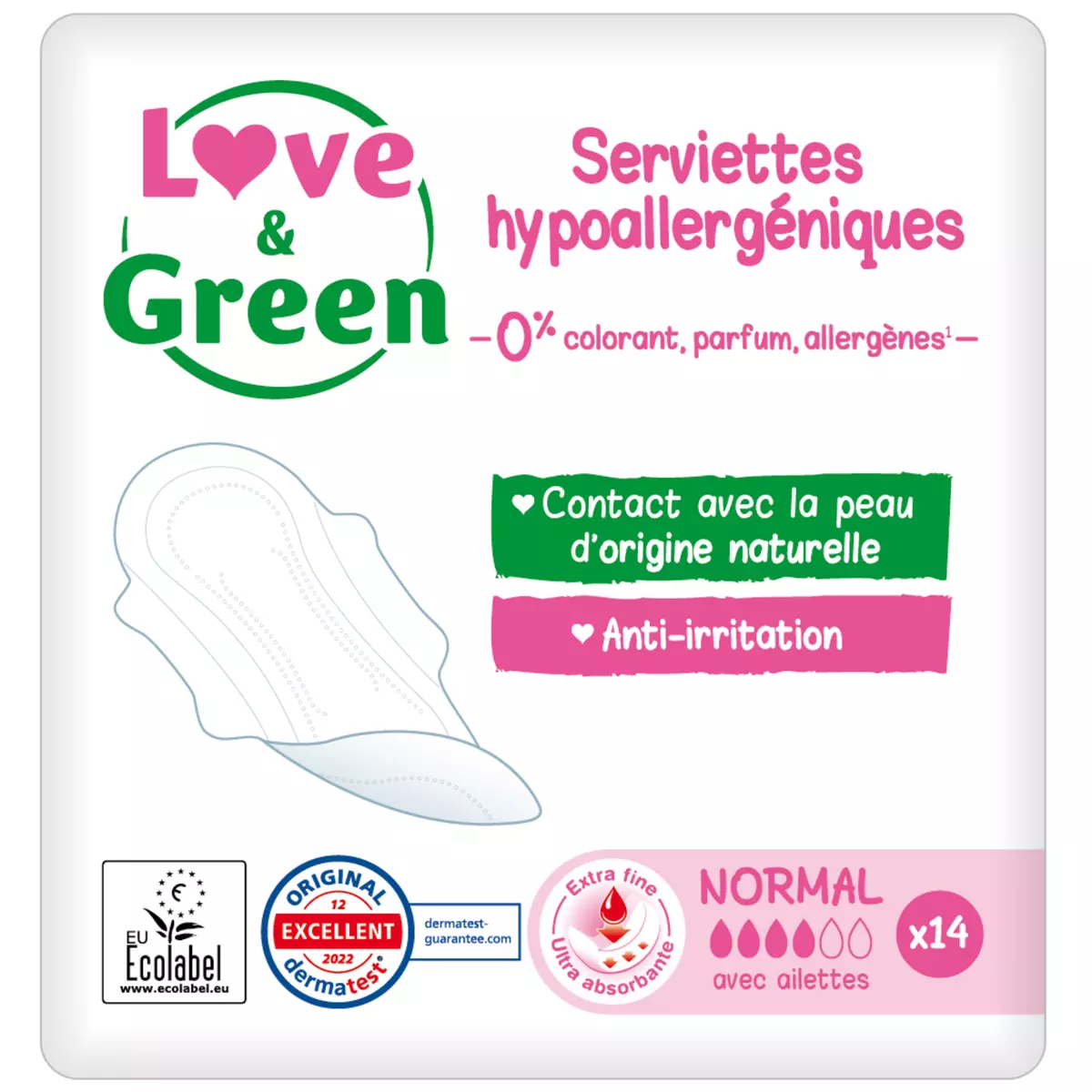 LOVE & GREEN Serviettes hygiéniques écologiques avec ailettes normal 14 serviettes
