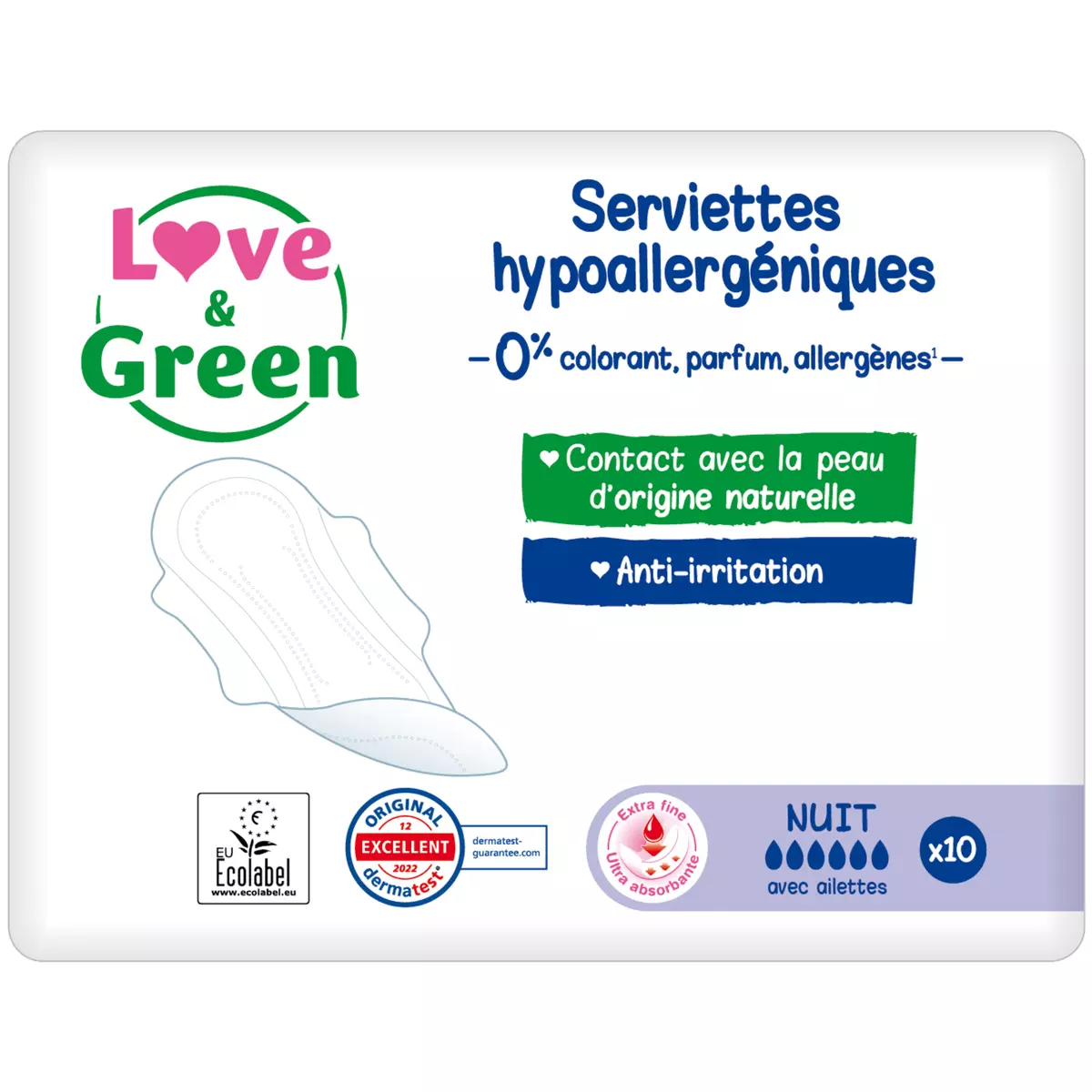 LOVE & GREEN Serviettes hygiéniques écologiques avec ailettes nuit 10 serviettes