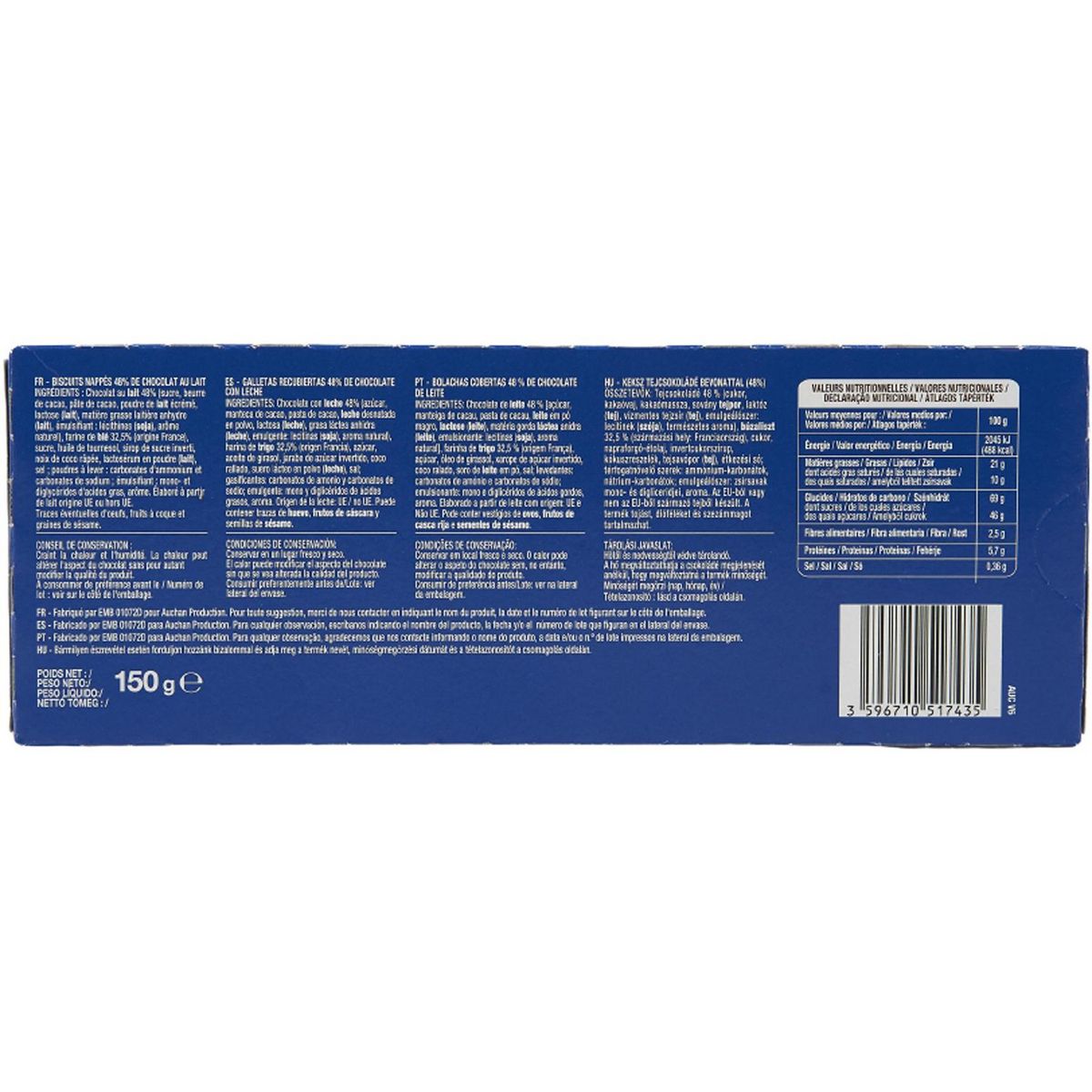 AUCHAN Crac choco biscuits nappés de chocolat au lait sans huile de palme 12 biscuits 150g