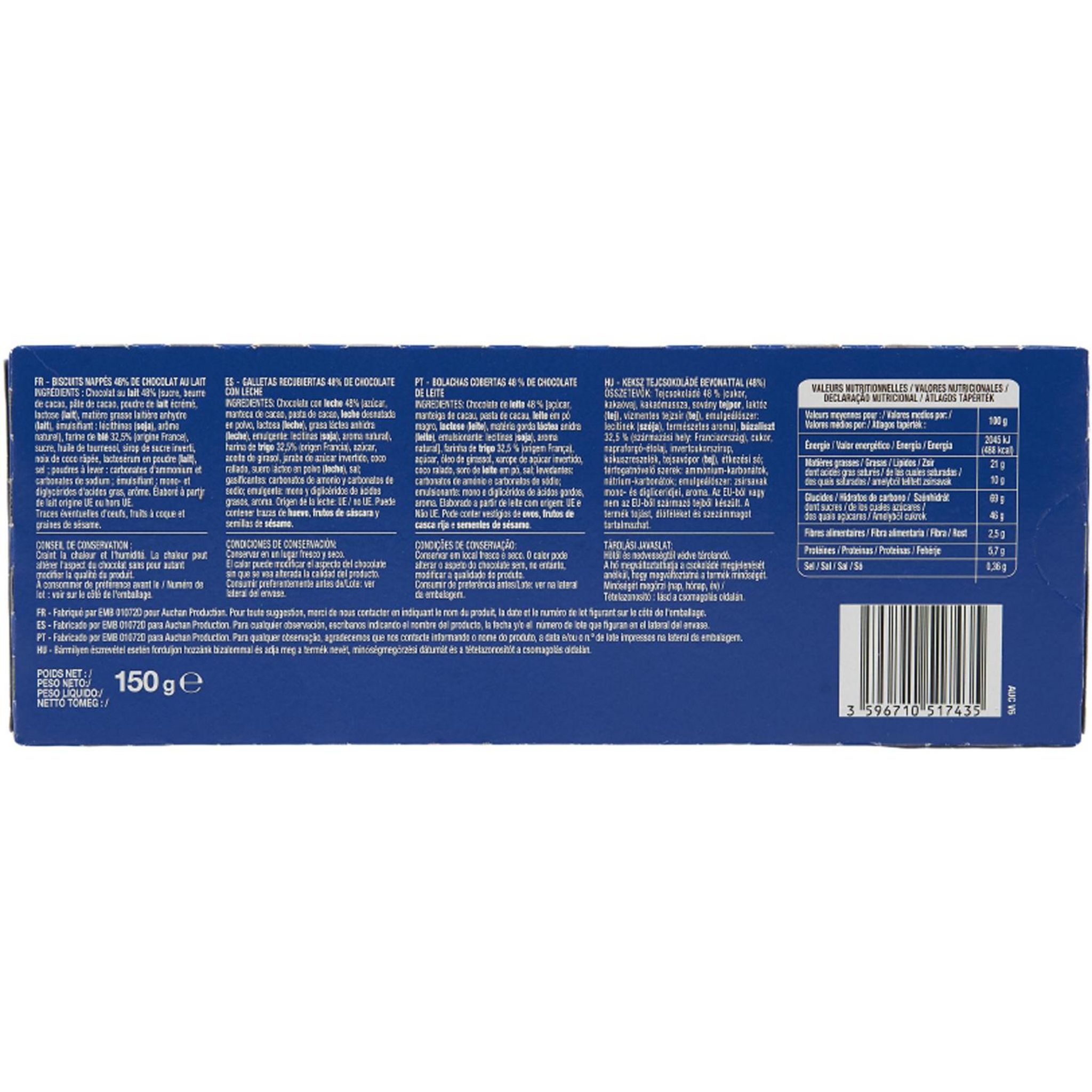 Voir la diapositive 2 : AUCHAN Crac choco biscuits nappés de chocolat au lait sans huile de palme 12 biscuits 150g