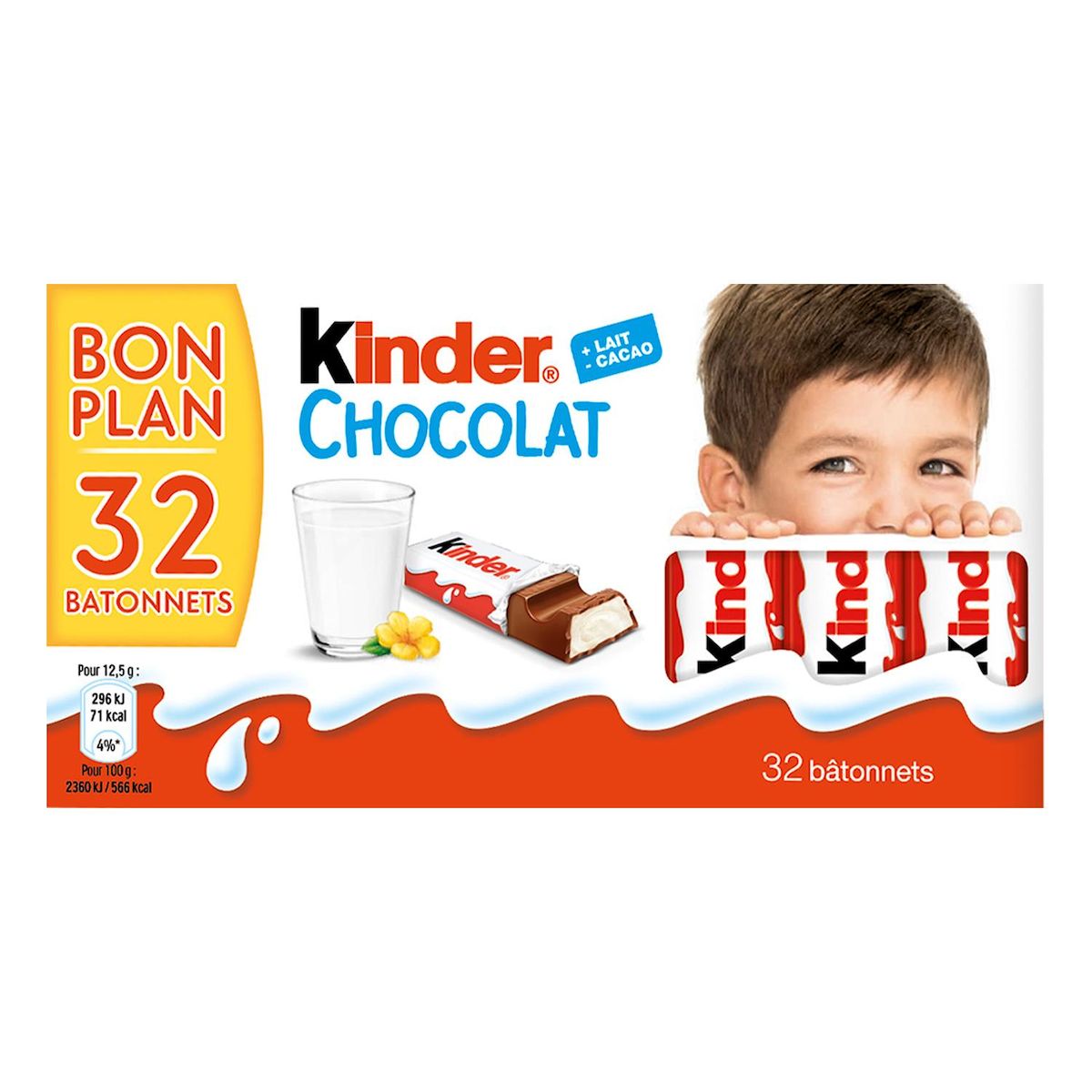 KINDER Barres chocolatées fourrées au lait 32 bâtonnets 400g