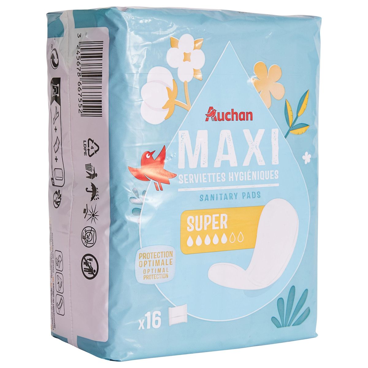 AUCHAN Serviettes hygiéniques maxi super 16 serviettes
