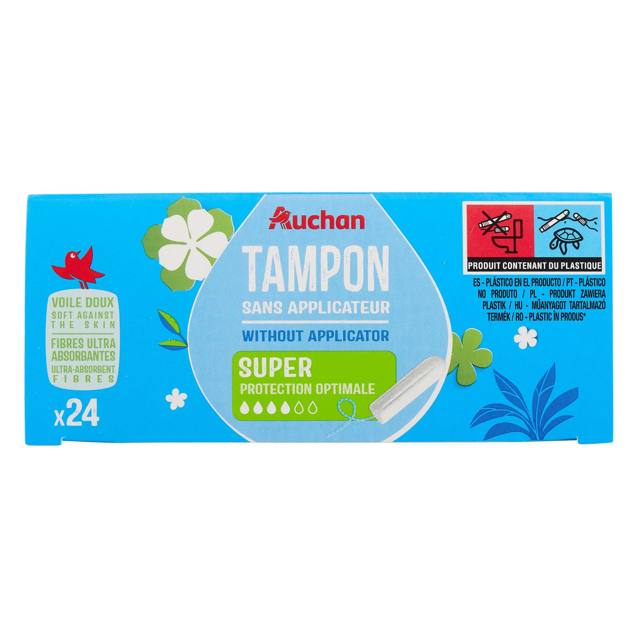 Voir la diapositive 2 : AUCHAN Tampons sans applicateur super 24 tampons
