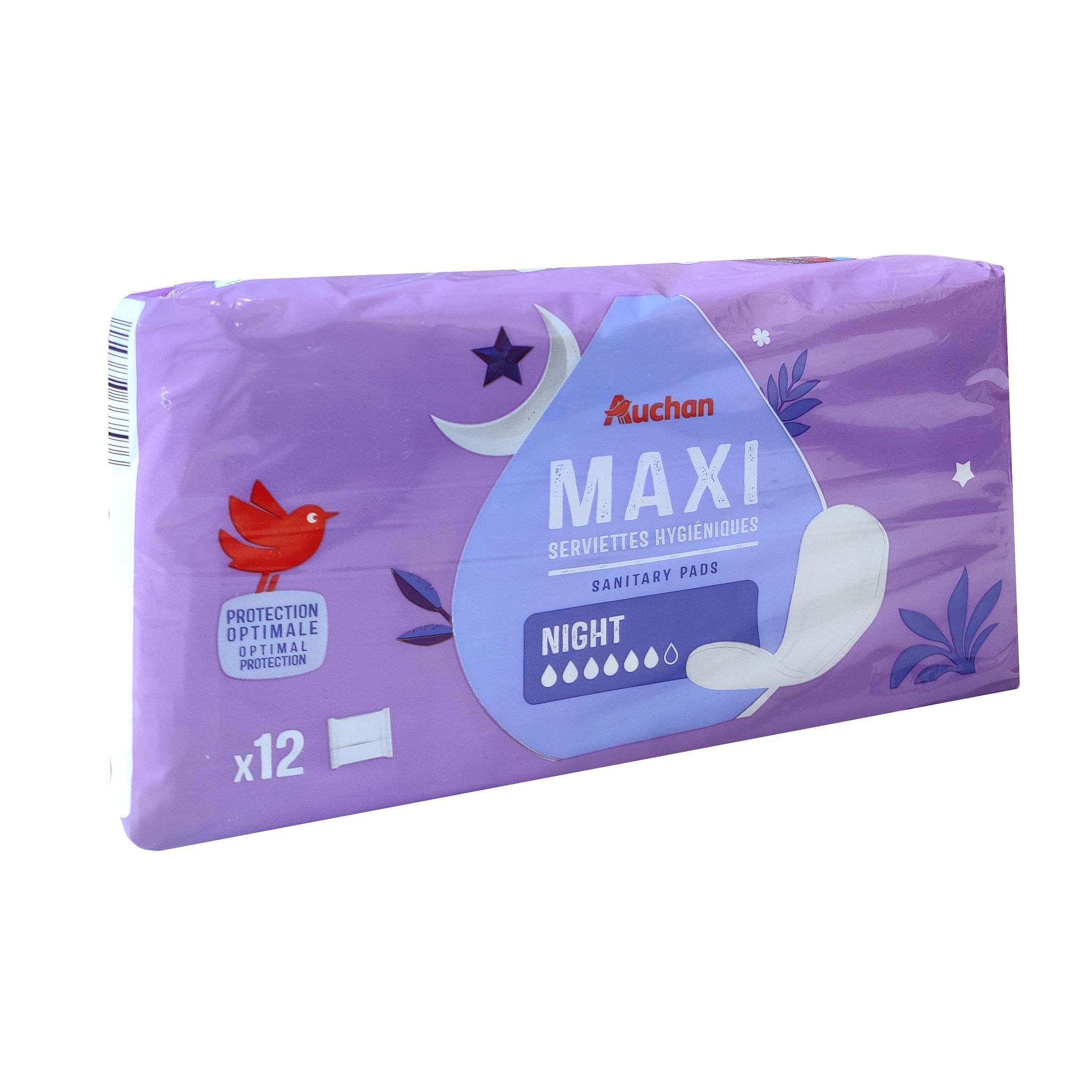 Voir la diapositive 3 : AUCHAN Serviettes hygiéniques sans ailettes maxi nuit 12 serviettes