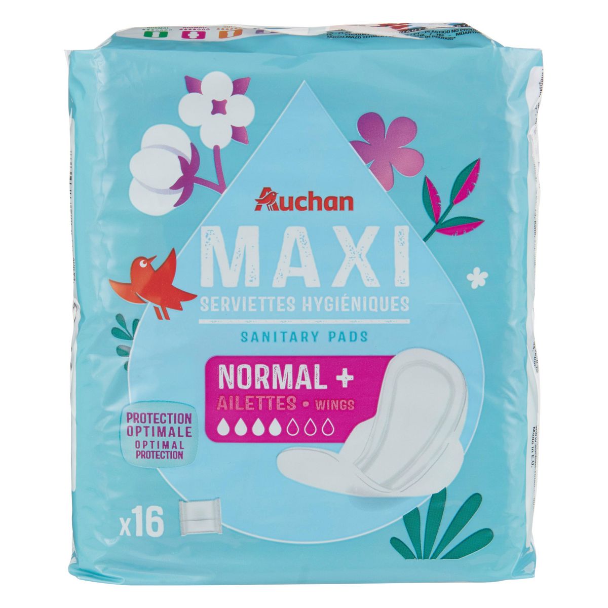 AUCHAN Serviettes hygiéniques avec ailettes maxi regular+ 16 serviettes