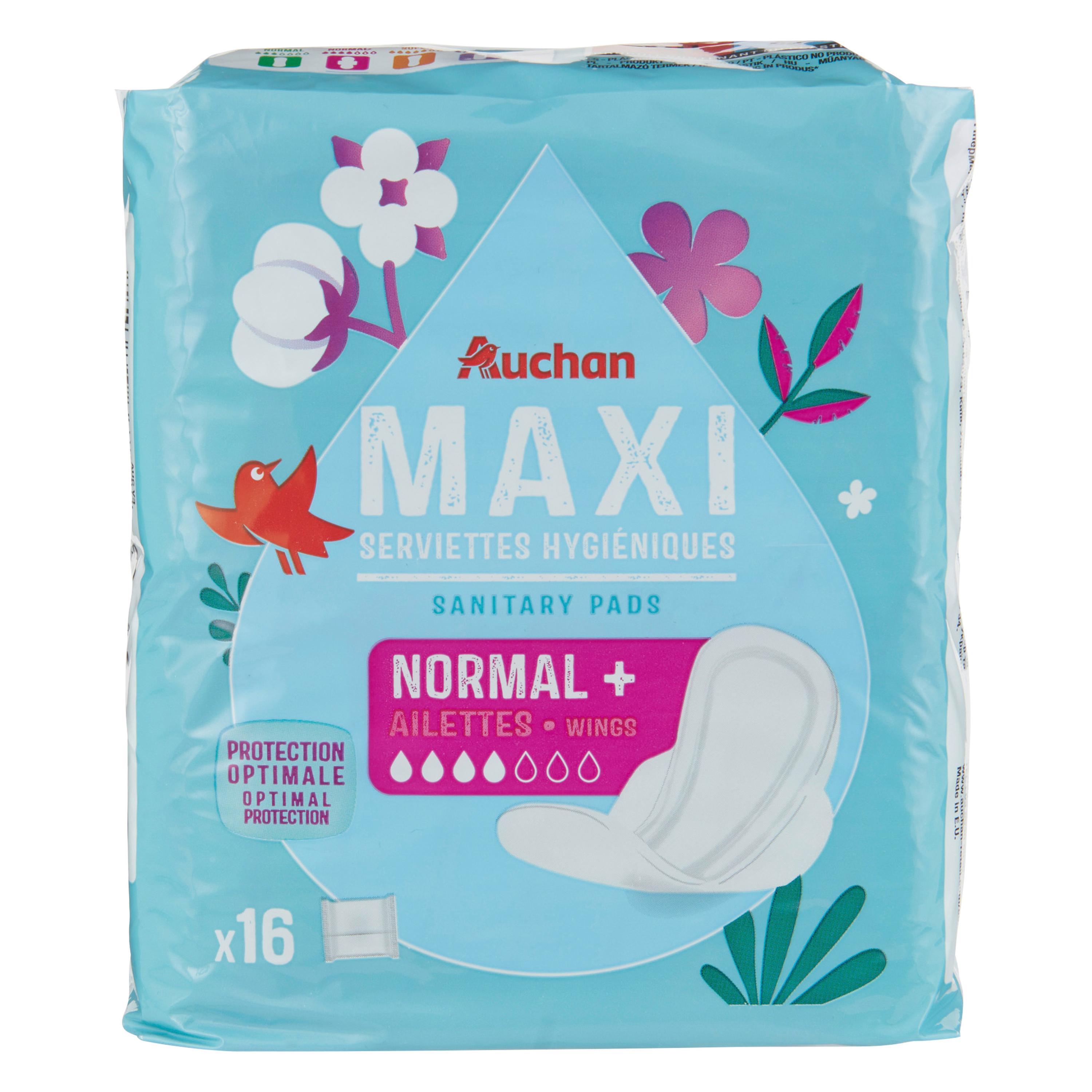 Voir la diapositive 3 : AUCHAN Serviettes hygiéniques avec ailettes maxi regular+ 16 serviettes