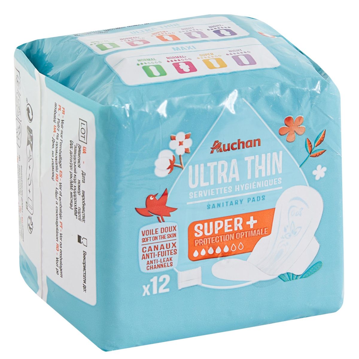 AUCHAN Serviettes hygiéniques avec ailettes super+ 12 serviettes