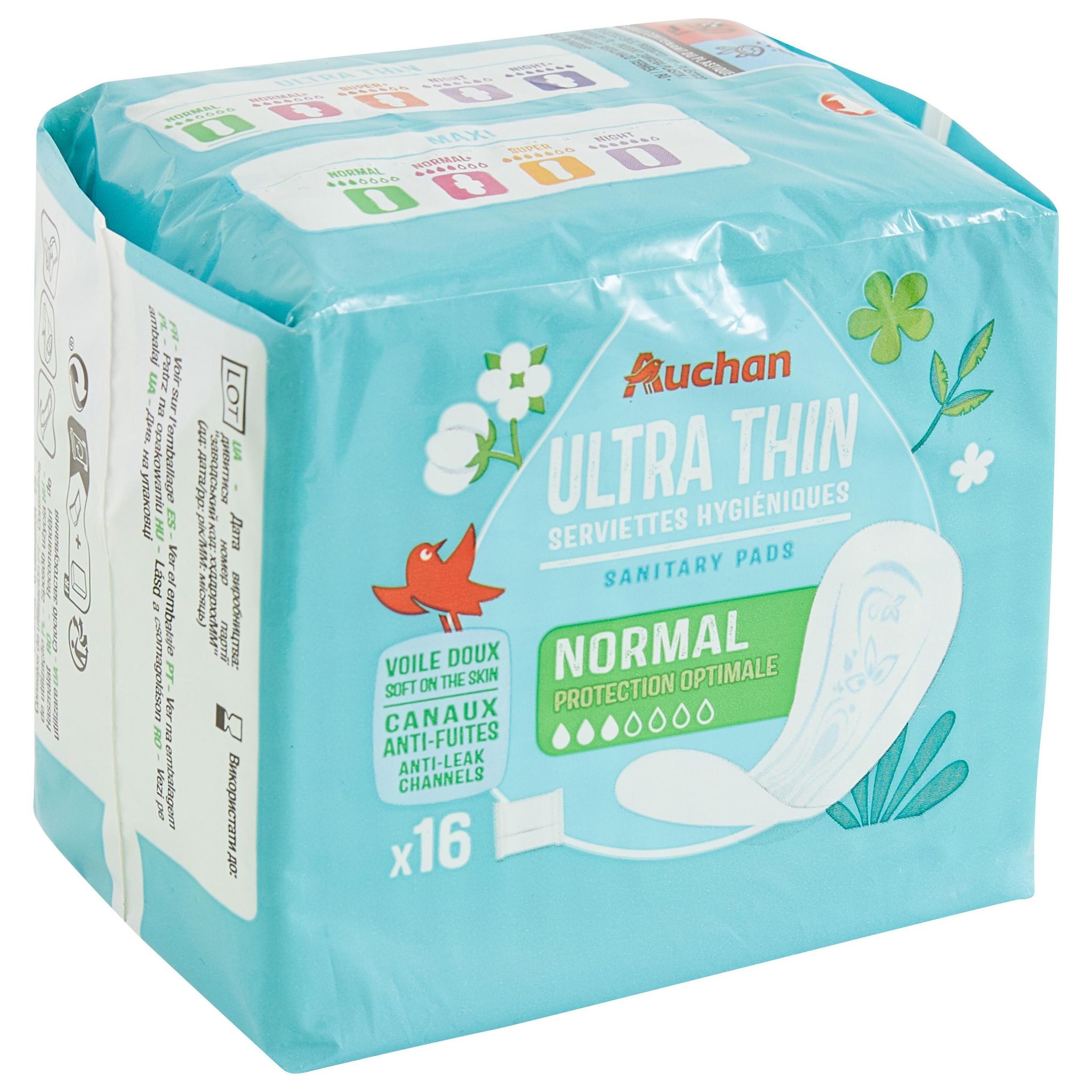 Voir la diapositive 3 : AUCHAN Serviettes hygiéniques sans ailettes regular 16 serviettes