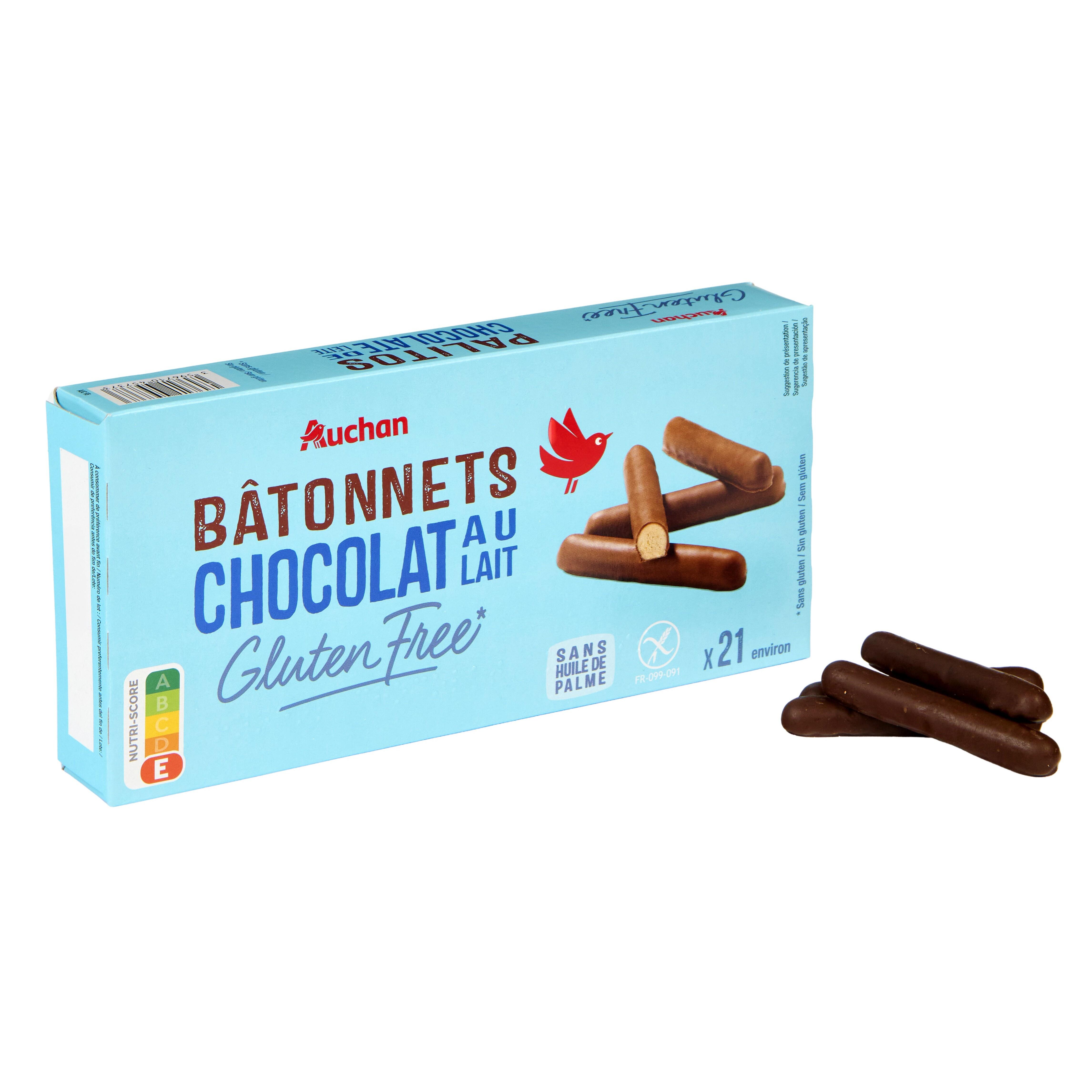 Voir la diapositive 2 : AUCHAN Bâtonnets enrobés de chocolat au lait sans gluten 23 bâtonnets environ 130g