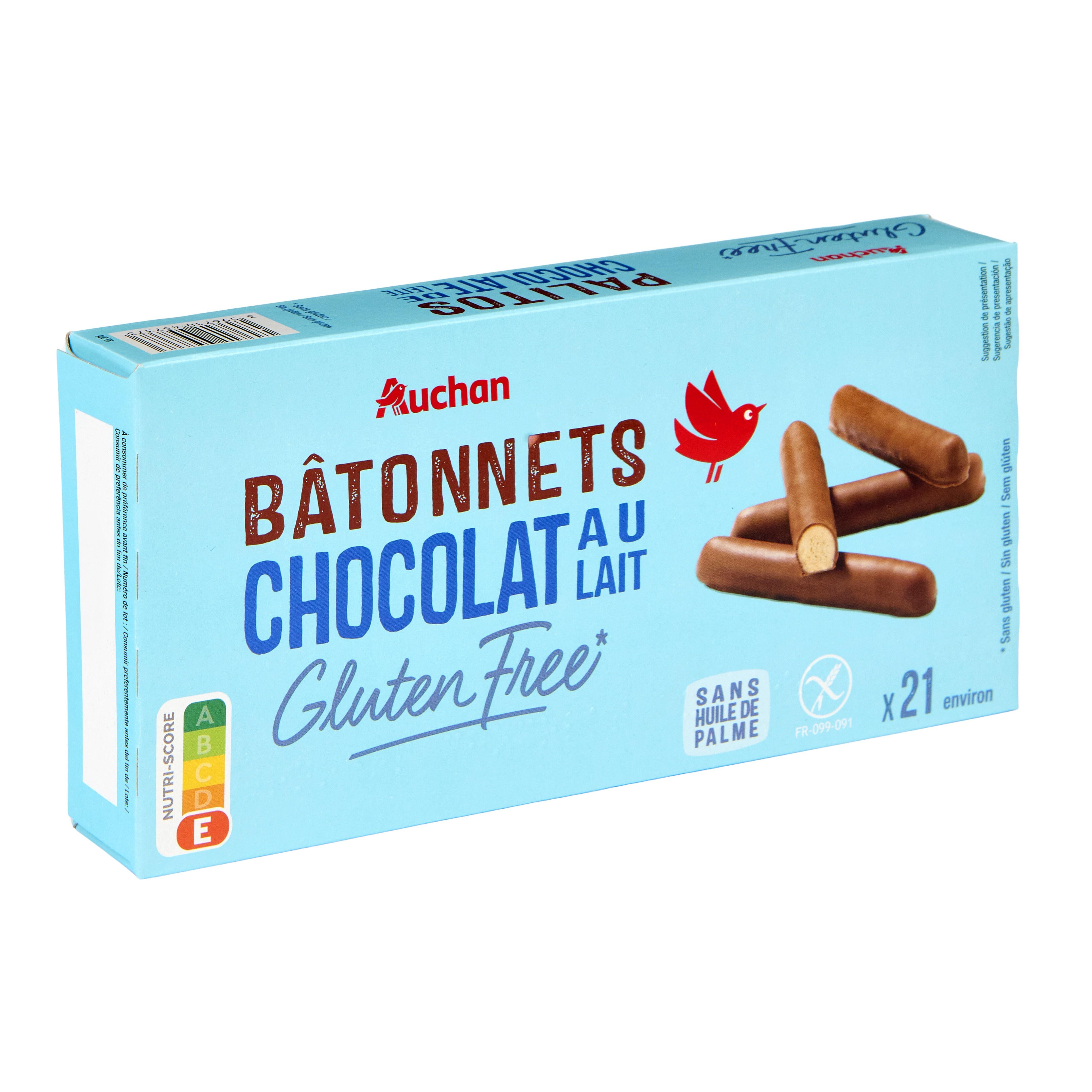 Voir la diapositive 3 : AUCHAN Bâtonnets enrobés de chocolat au lait sans gluten 23 bâtonnets environ 130g