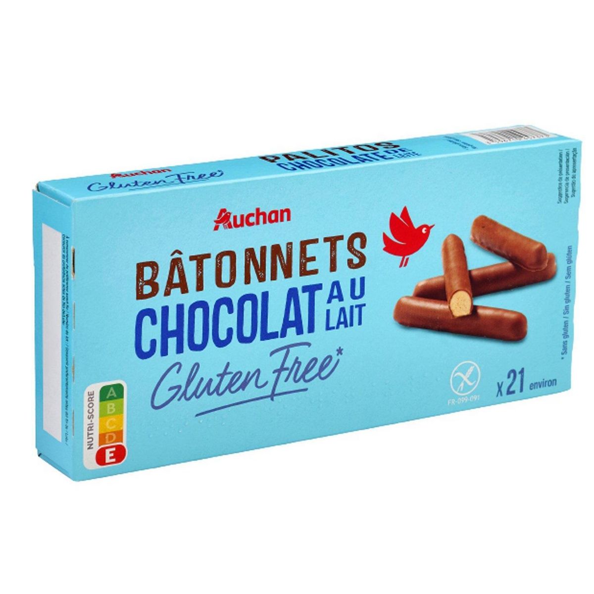 AUCHAN Bâtonnets enrobés de chocolat au lait sans gluten 23 bâtonnets environ 130g