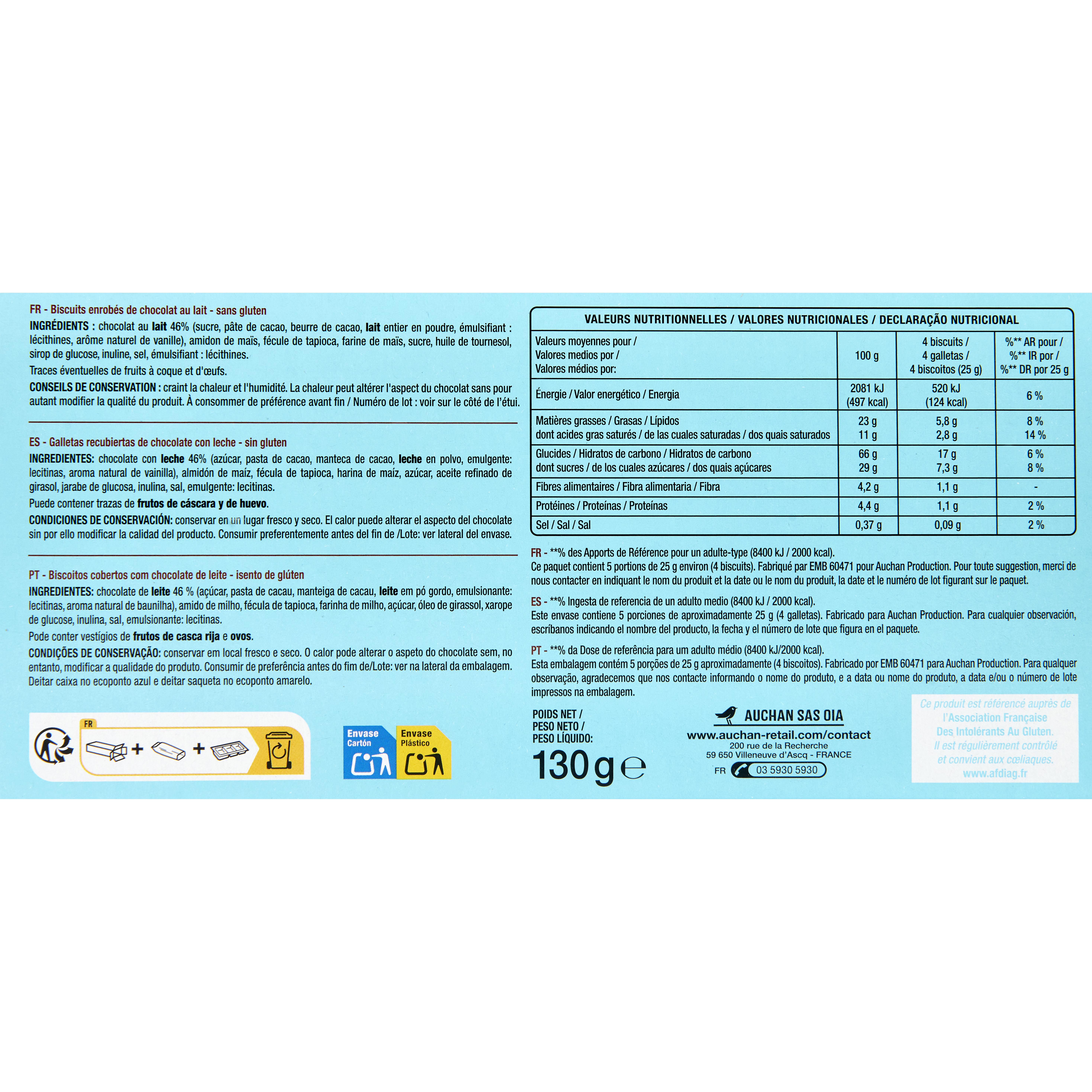 Voir la diapositive 4 : AUCHAN Bâtonnets enrobés de chocolat au lait sans gluten 23 bâtonnets environ 130g