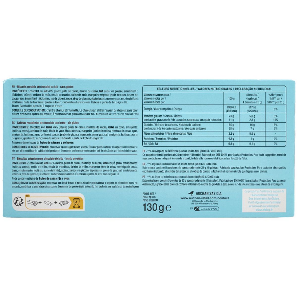 AUCHAN Bâtonnets enrobés de chocolat au lait sans gluten 23 bâtonnets environ 130g