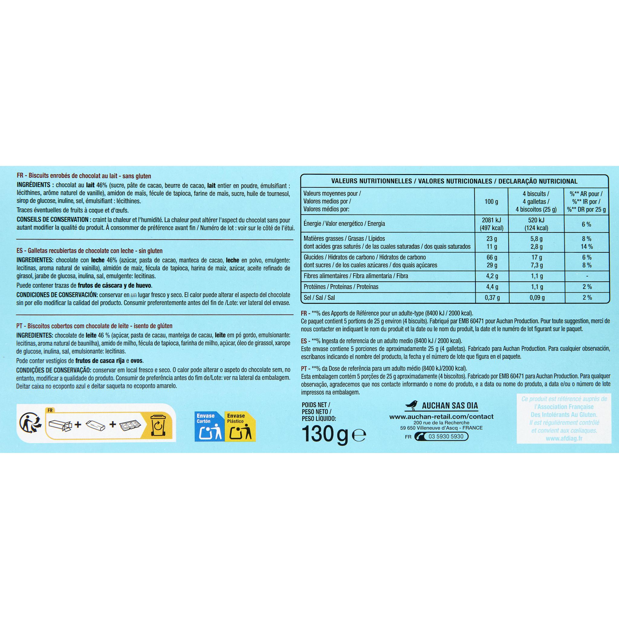 Voir la diapositive 4 : AUCHAN Bâtonnets enrobés de chocolat au lait sans gluten 23 bâtonnets environ 130g