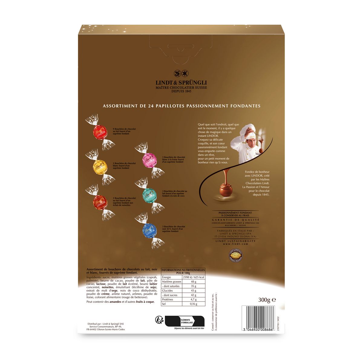 LINDT Lindor Calendrier de l'Avent assortiment de bouchées au chocolat lait noir et blanc 24 pièces 300g