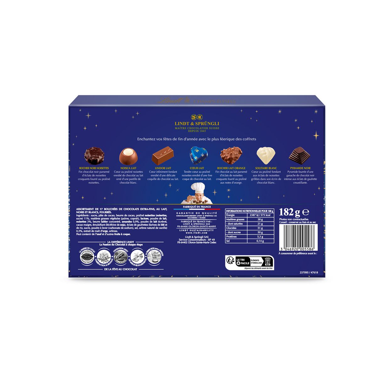 LINDT Champs-Elysées boîte assortiment de bouchées au chocolat lait noir blanc 17 pièces 182g