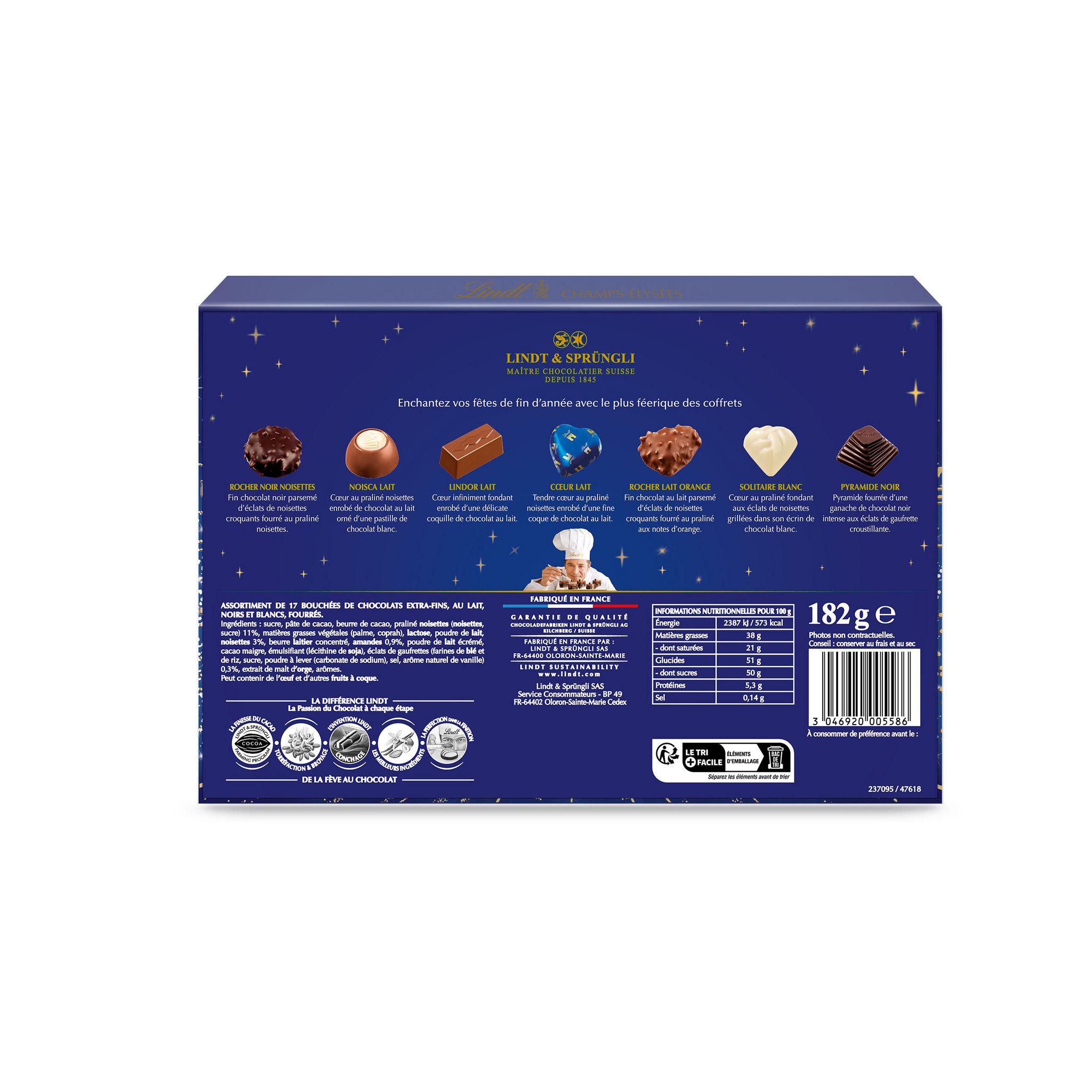 Voir la diapositive 2 : LINDT Champs-Elysées boîte assortiment de bouchées au chocolat lait noir blanc 17 pièces 182g