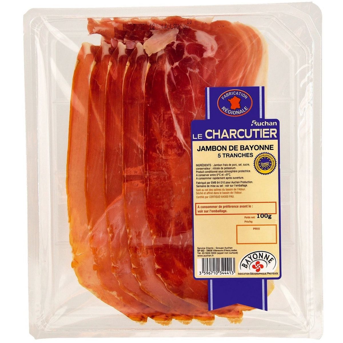 AUCHAN Jambon de Bayonne 5 tranches 100g