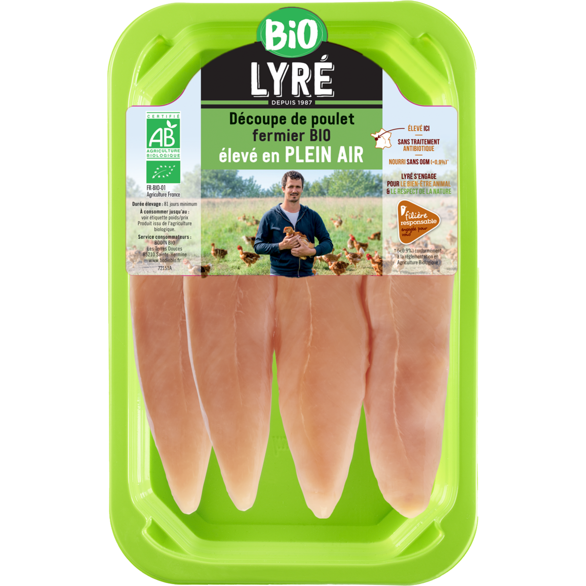 LYRE Aiguillettes de poulet filière responsable bio 4 pièces 250g