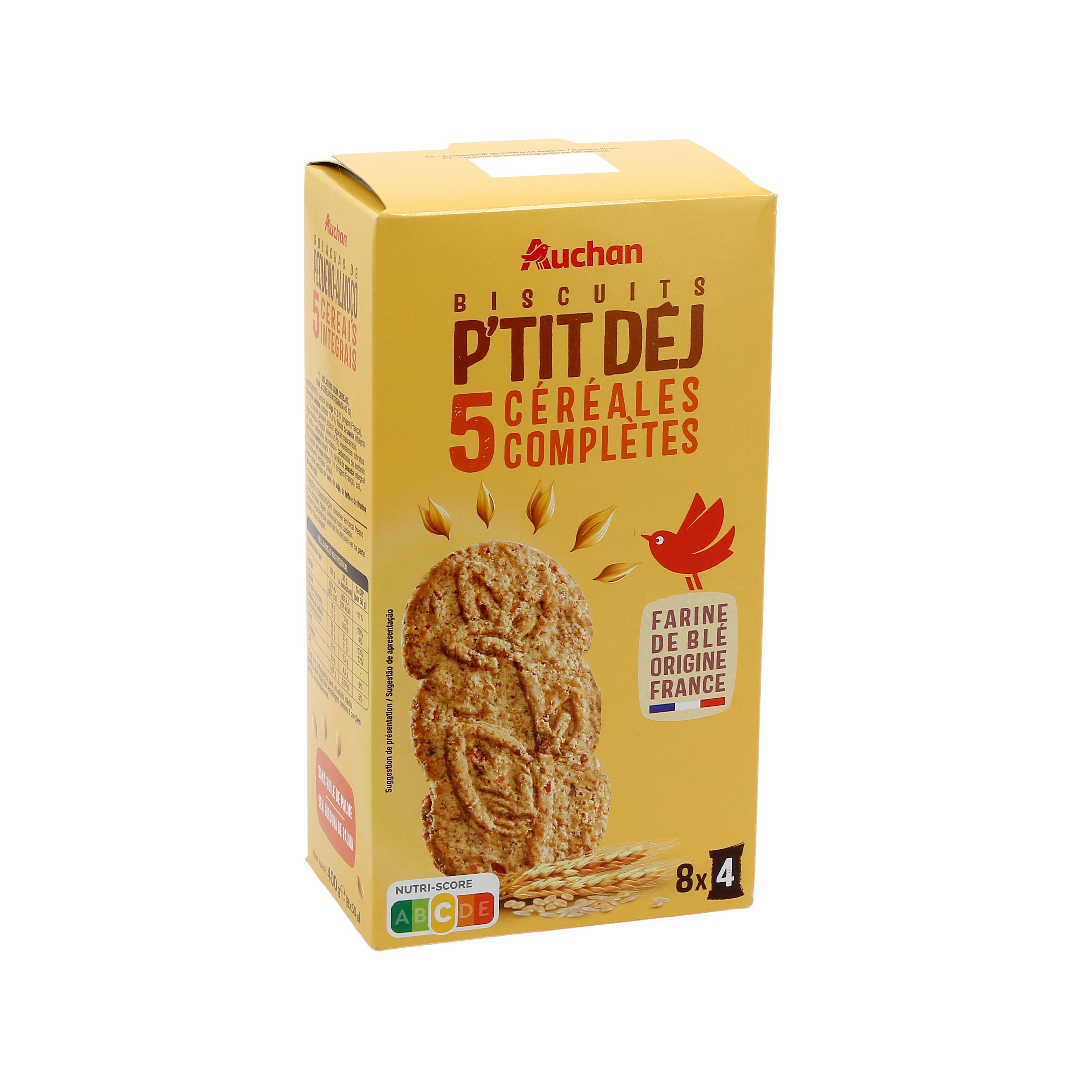 Voir la diapositive 3 : AUCHAN Biscuits P'tit Déj aux 5 céréales complètes 32 biscuits 400g