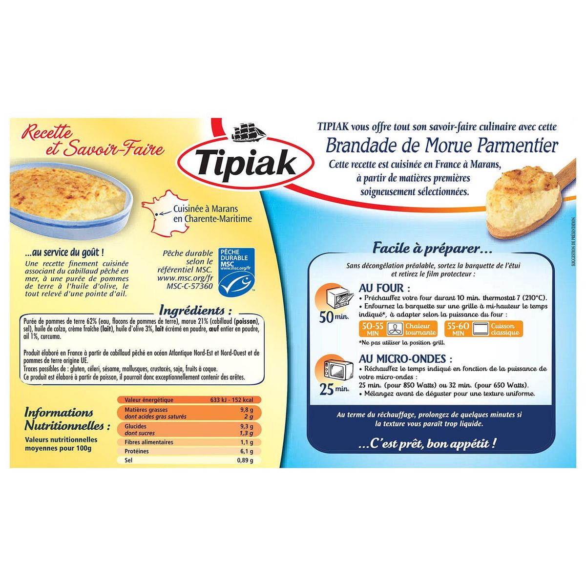 TIPIAK Brandade de morue parmentier MSC 4 portions 1,05kg