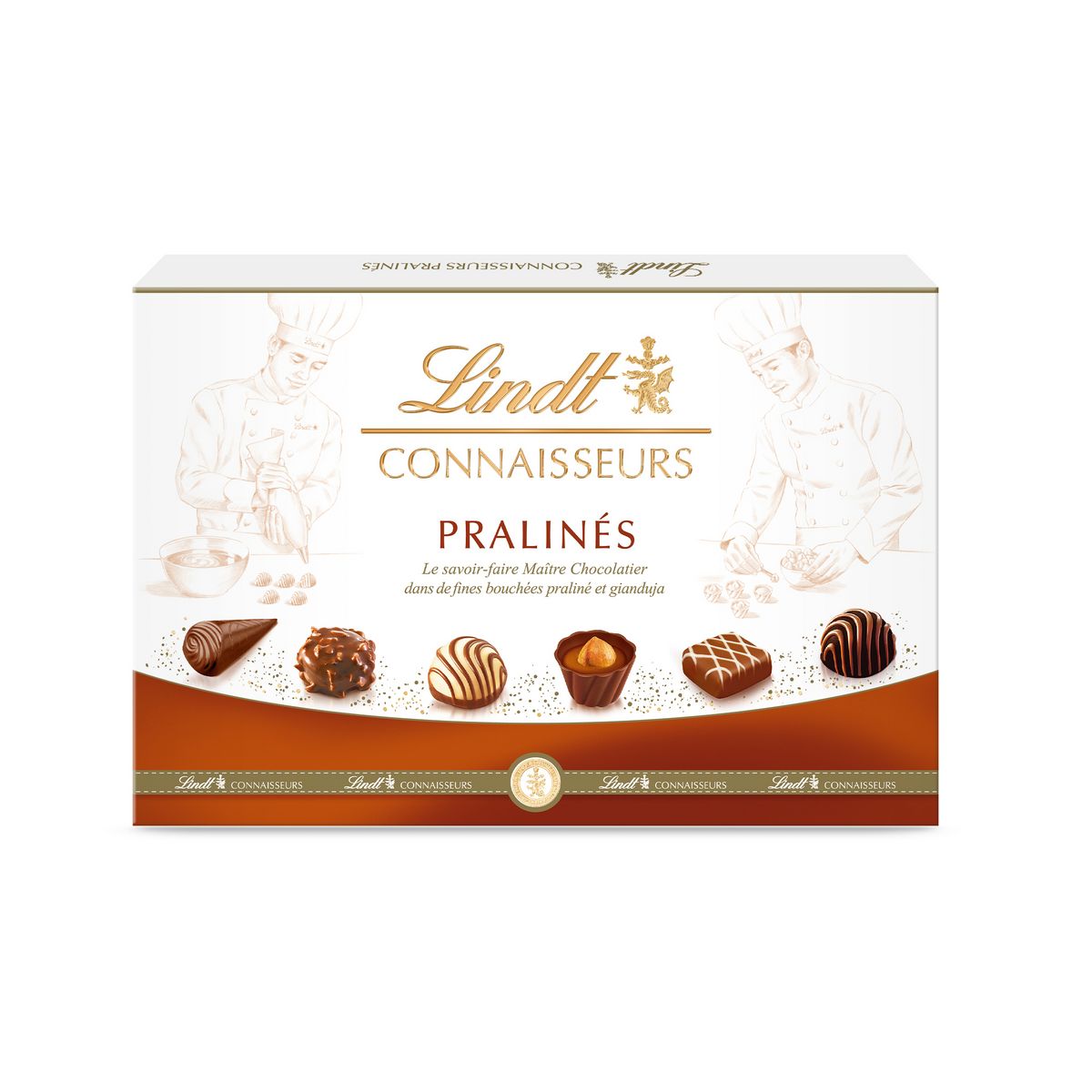 LINDT Connaisseurs Pralinés assortiment de chocolats au lait, noirs et blancs fourrés 18 pièces 180g