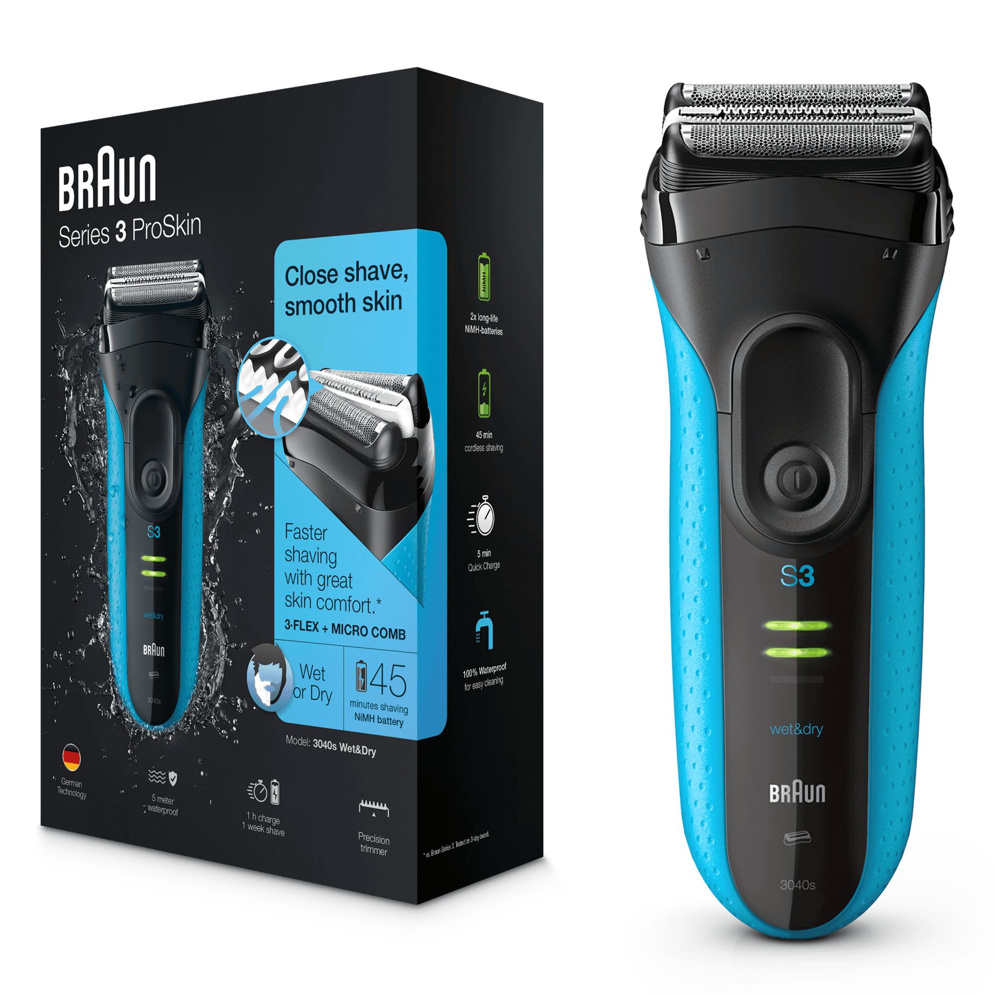 Voir la diapositive 3 : BRAUN Rasoir à grille Series 3 3040S Wet&Dry bleu