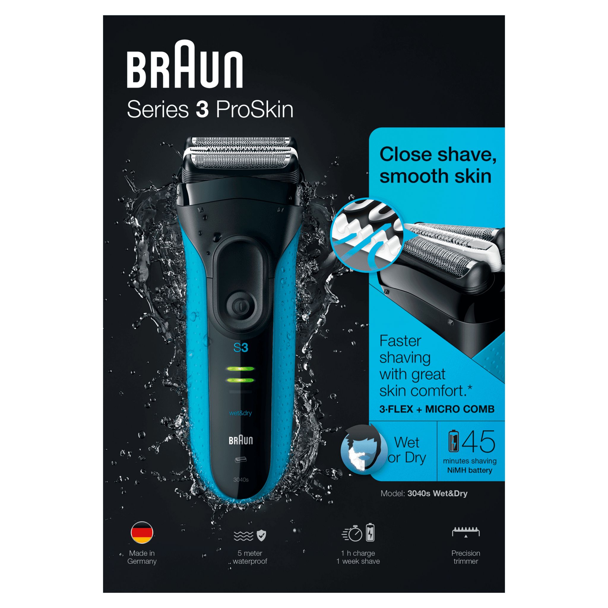 Voir la diapositive 4 : BRAUN Rasoir à grille Series 3 3040S Wet&Dry bleu