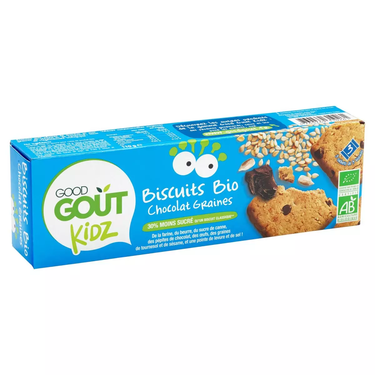 GOOD GOUT Kidz biscuits bio chocolat graines moins sucrés sachets fraîcheur 3x3 biscuits 110g