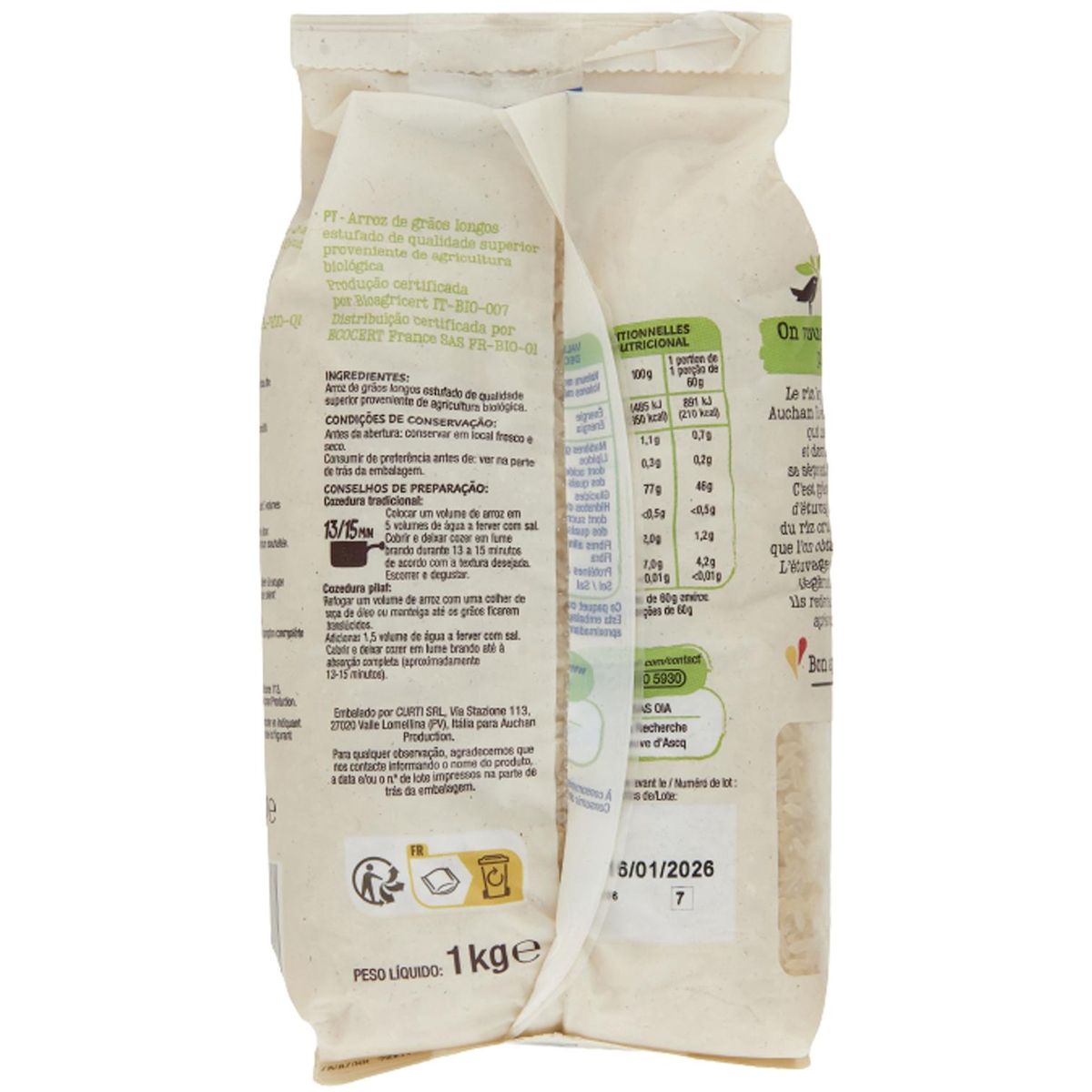 AUCHAN BIO Riz Long grain incollable prêt en 13-15min 1kg