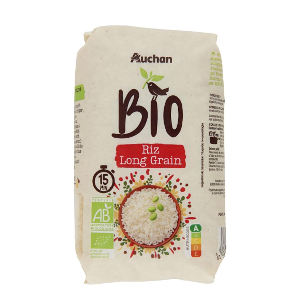 AUCHAN BIO Riz Long grain incollable prêt en 13-15min 1kg
