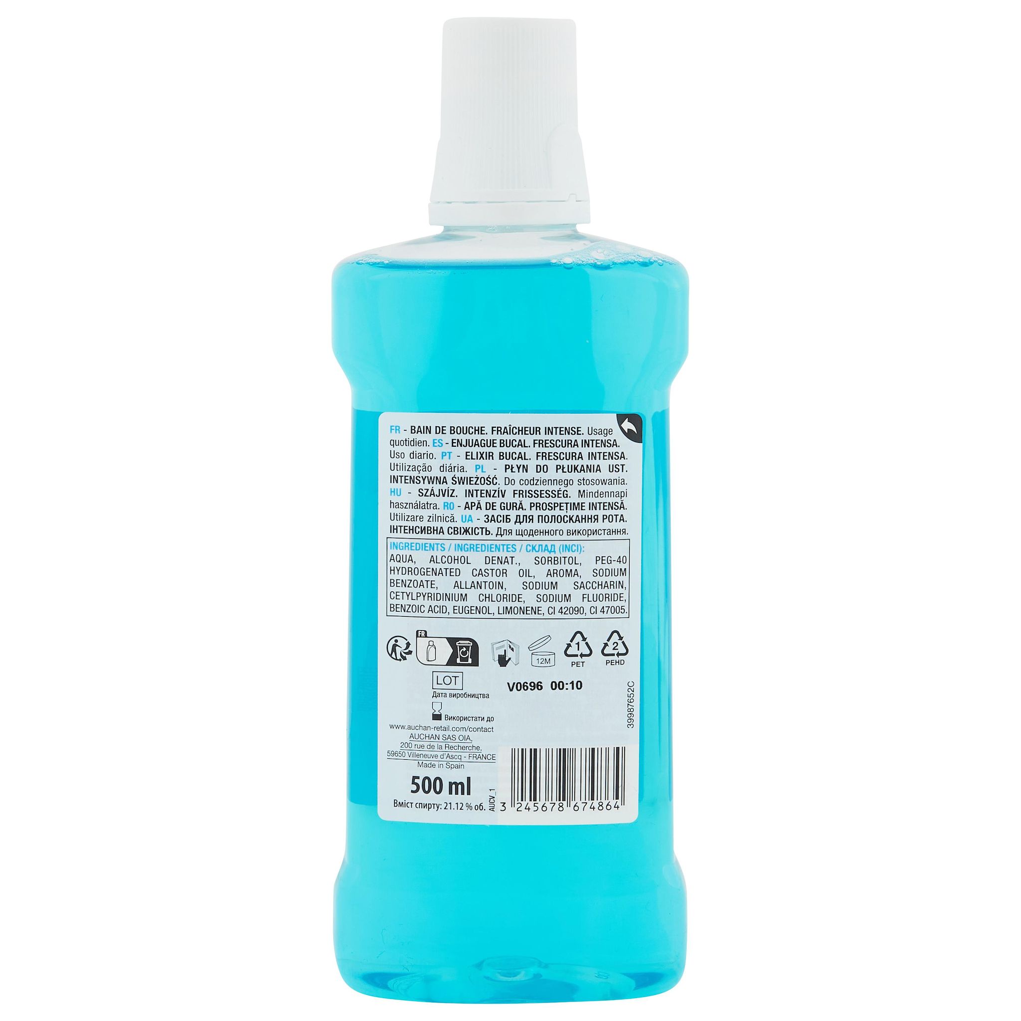 Voir la diapositive 2 : AUCHAN Bain de bouche fraîcheur intense 500ml
