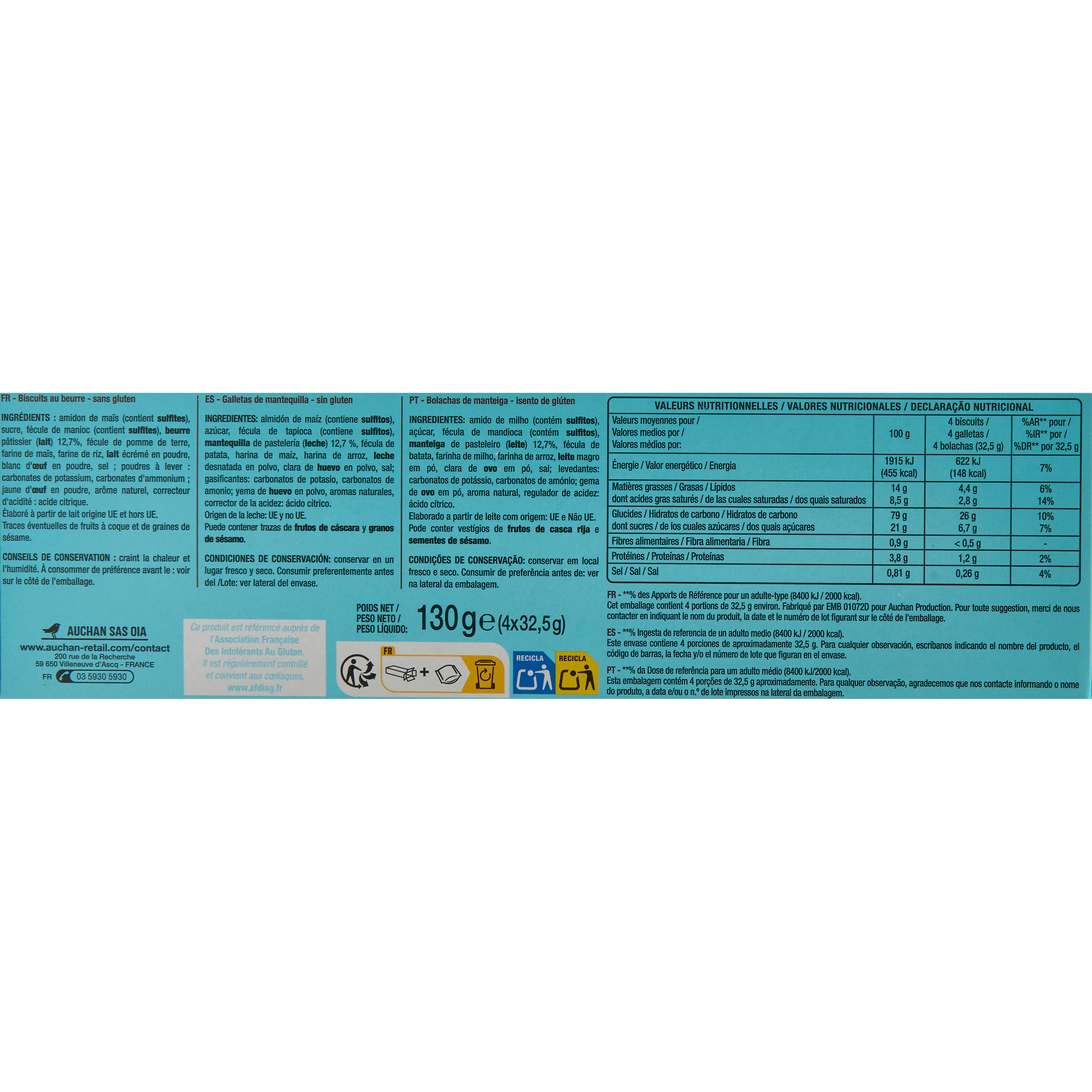 Voir la diapositive 4 : AUCHAN Biscuits petit beurre sans gluten sachets fraîcheur 4x4 biscuits 130g