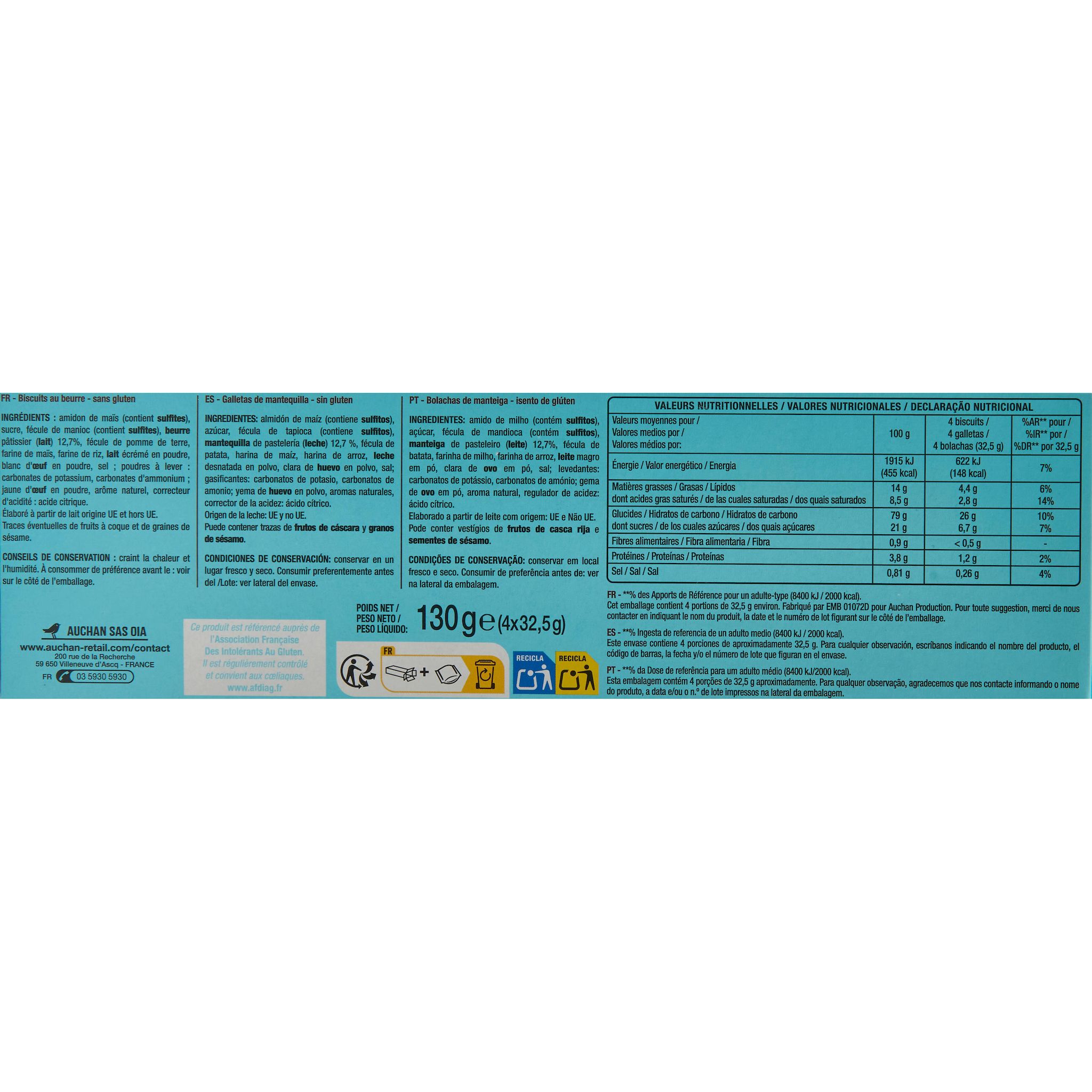 Voir la diapositive 4 : AUCHAN Biscuits petit beurre sans gluten sachets fraîcheur 4x4 biscuits 130g