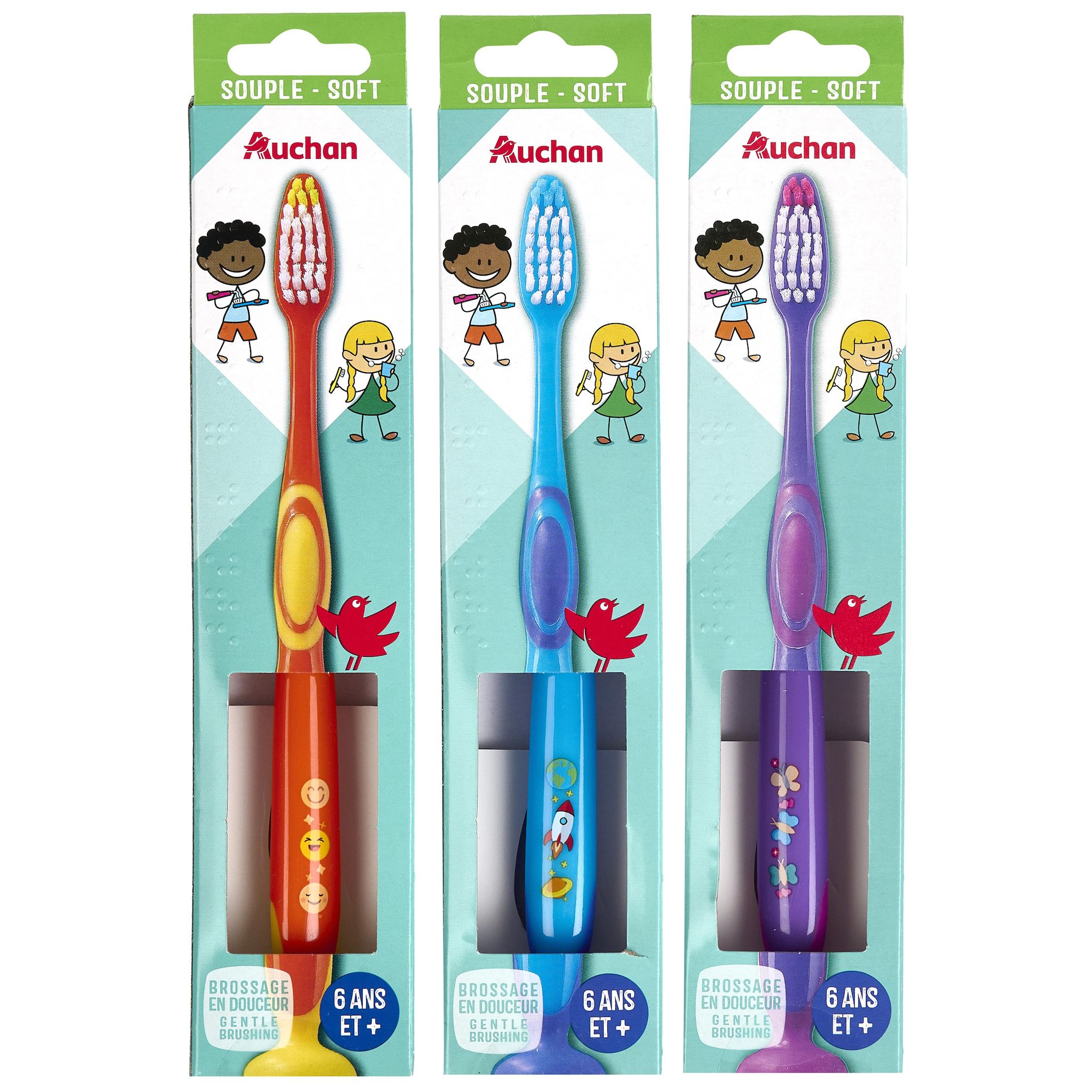 Voir la diapositive 3 : AUCHAN Brosse à dents souple pour enfants 6 ans+ 1 brosse