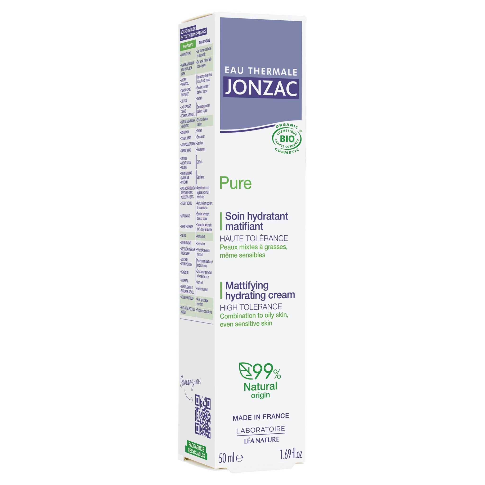 Voir la diapositive 2 : JONZAC Pure Soin hydratant matifiant bio 50ml