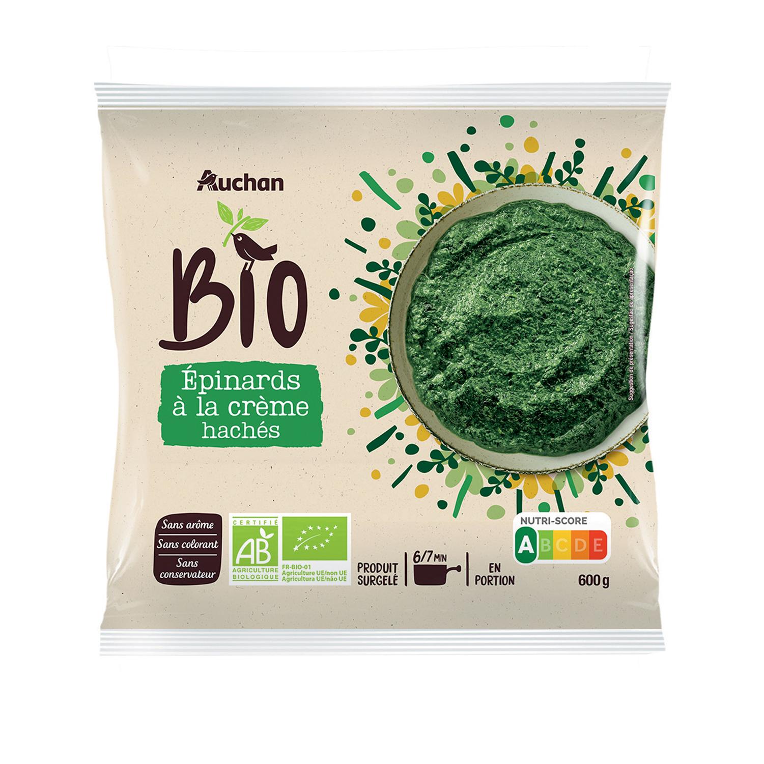 Voir la diapositive 3 : AUCHAN BIO Epinards hachés à la crème 600g