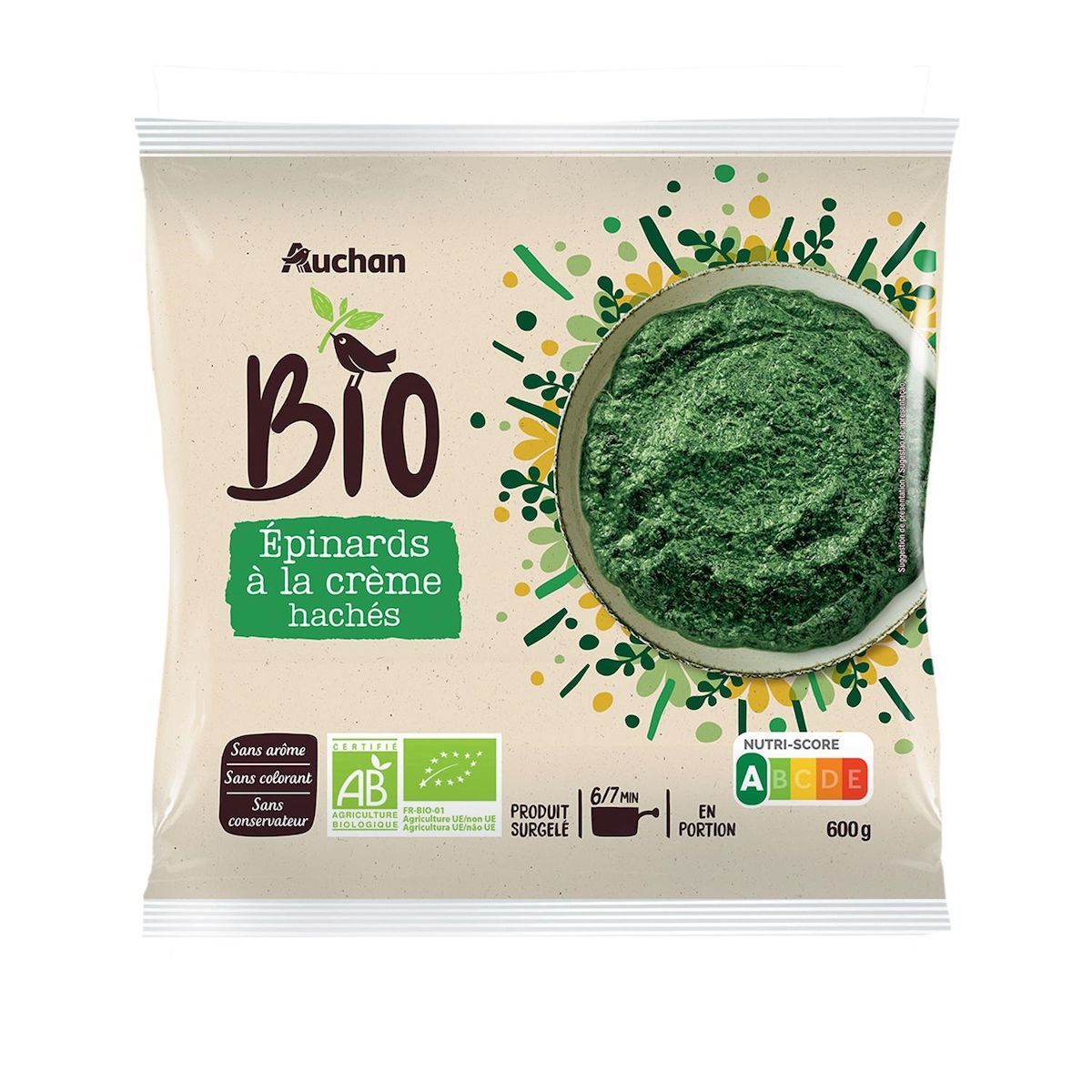 AUCHAN BIO Epinards hachés à la crème 600g
